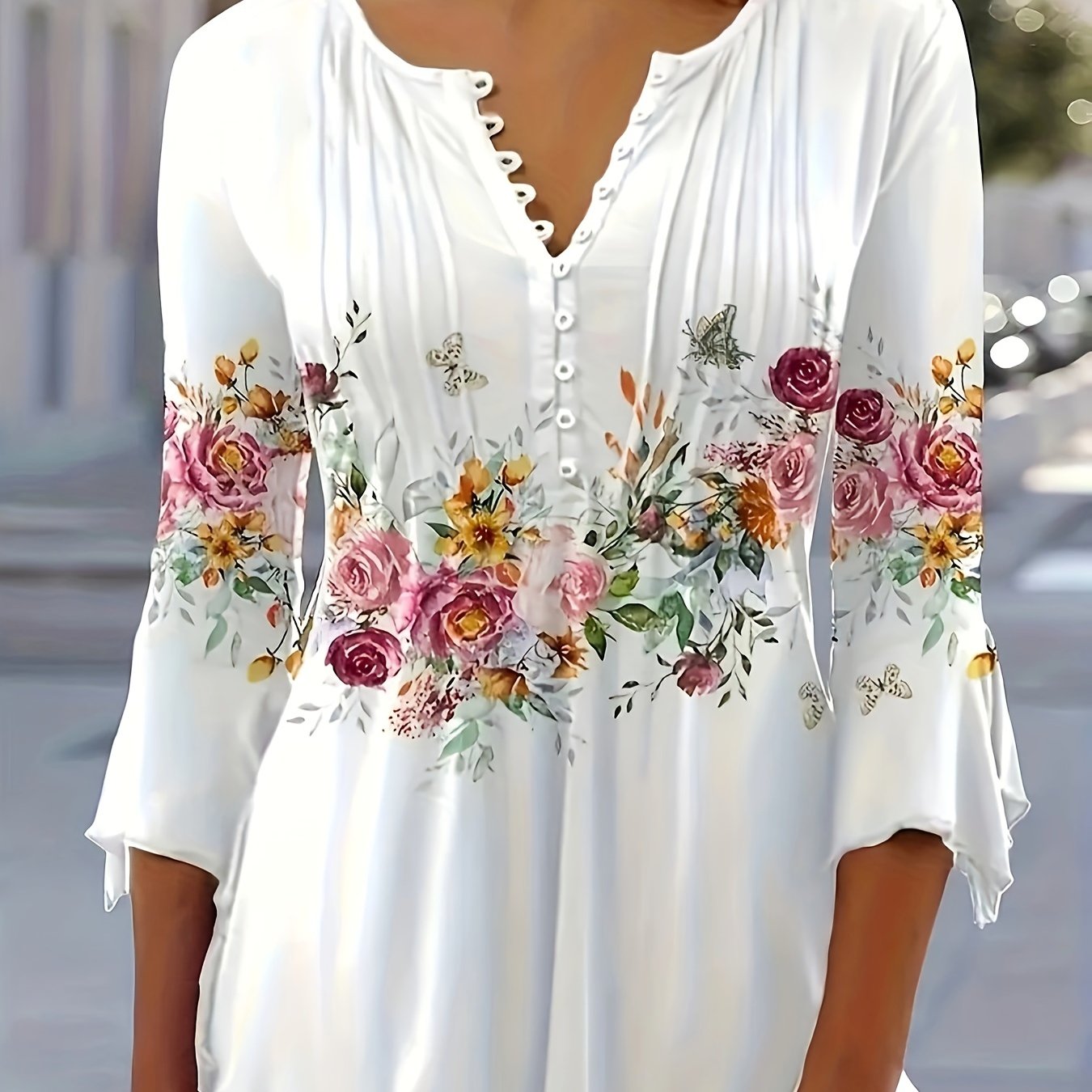 Damen Sommer Bluse mit Floral Print und Knopfleiste