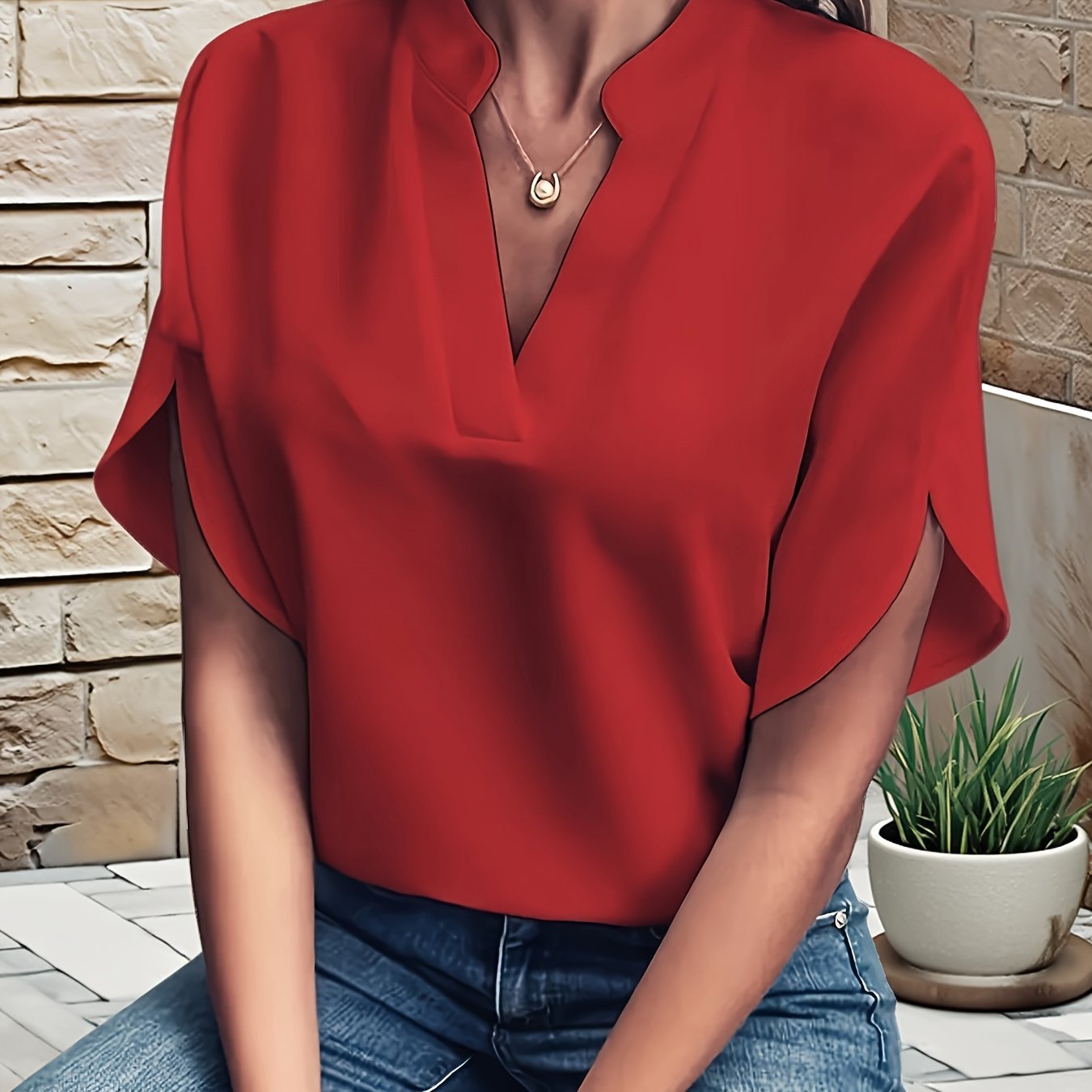 Damen Bluse – V-Ausschnitt Fledermausärmel Locker Elegant