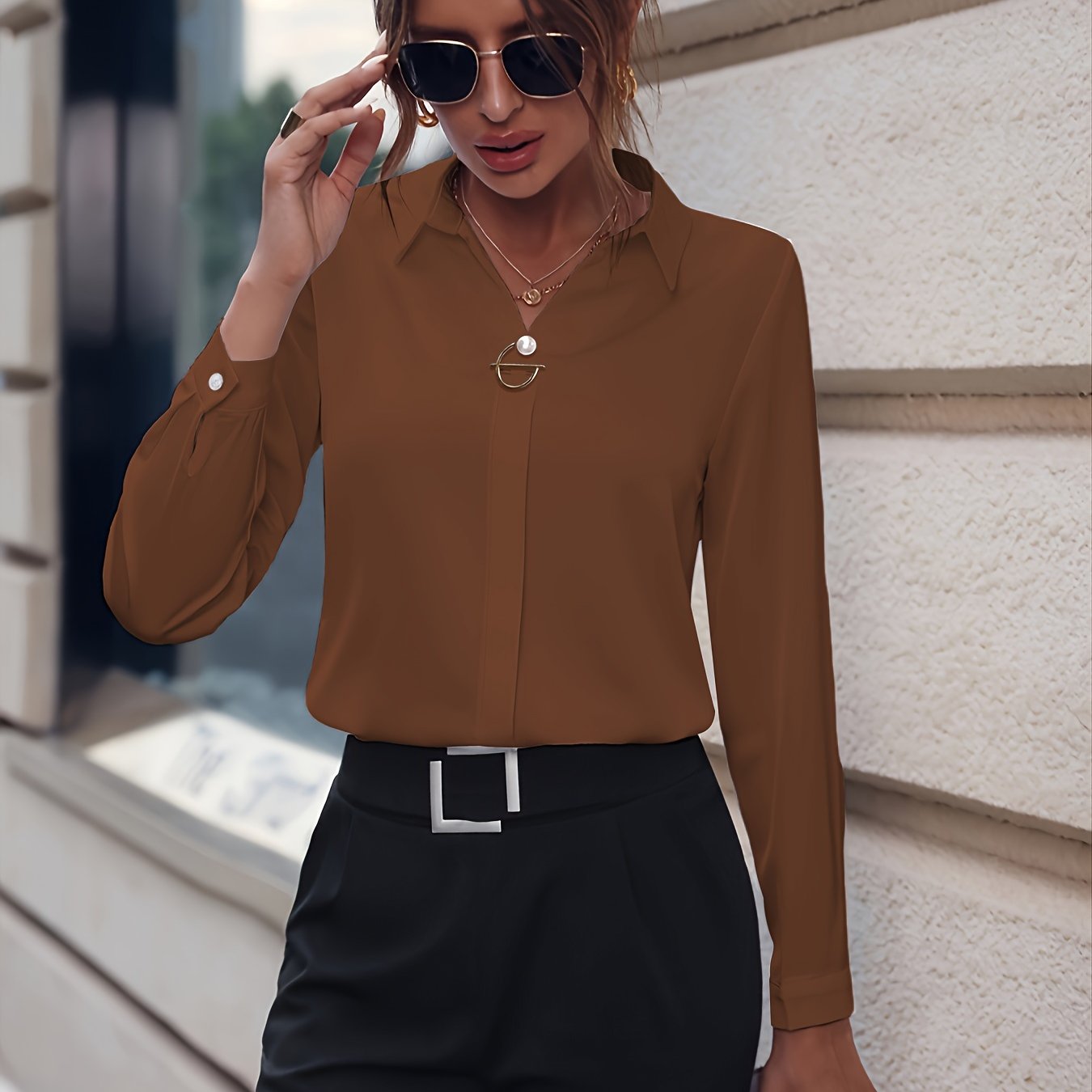 Damen Elegante Langarmbluse mit Perlen-Details