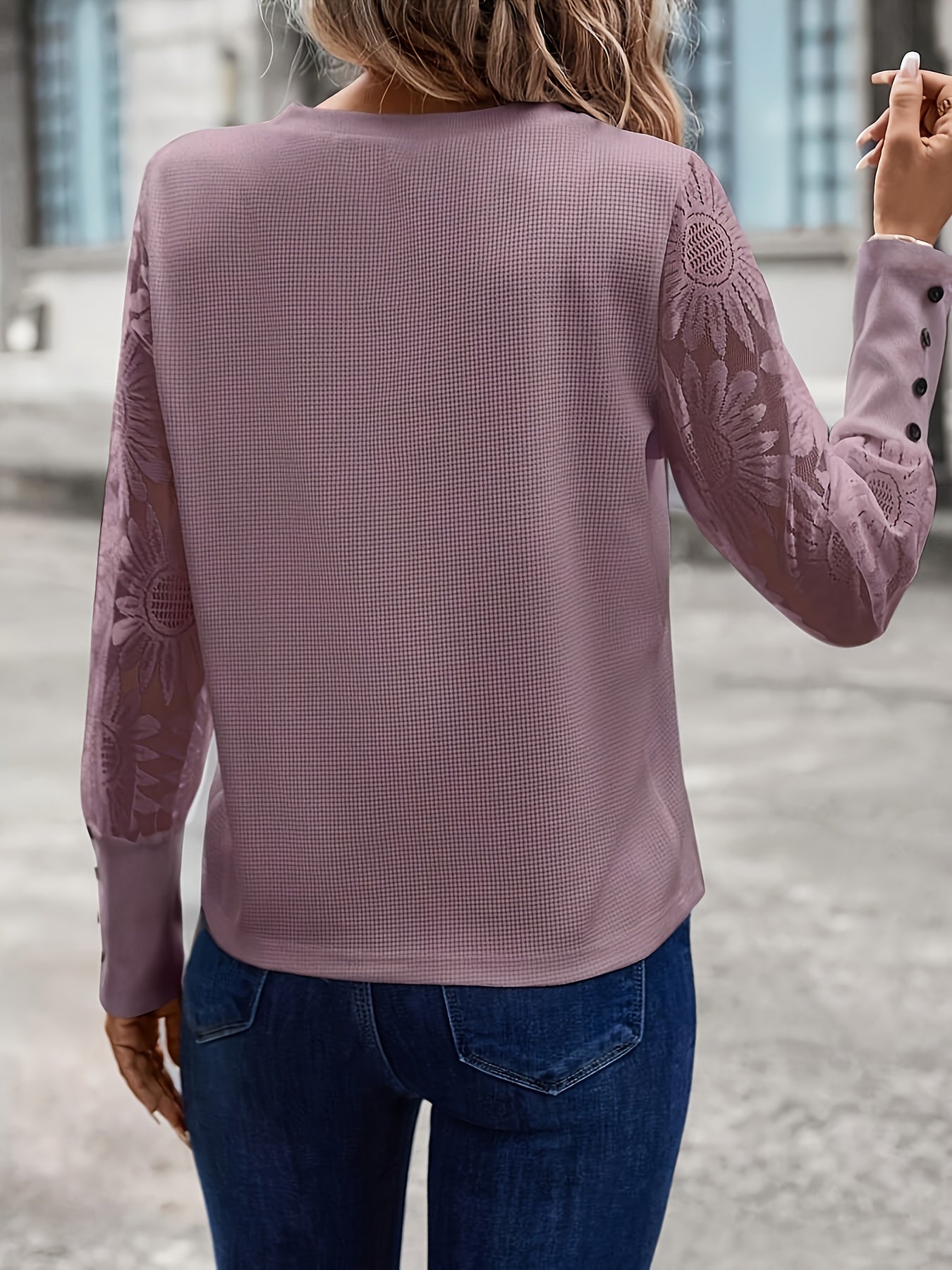 Damen Casual Waffelshirt mit Spitzenärmeln und Blumen-Patchwork