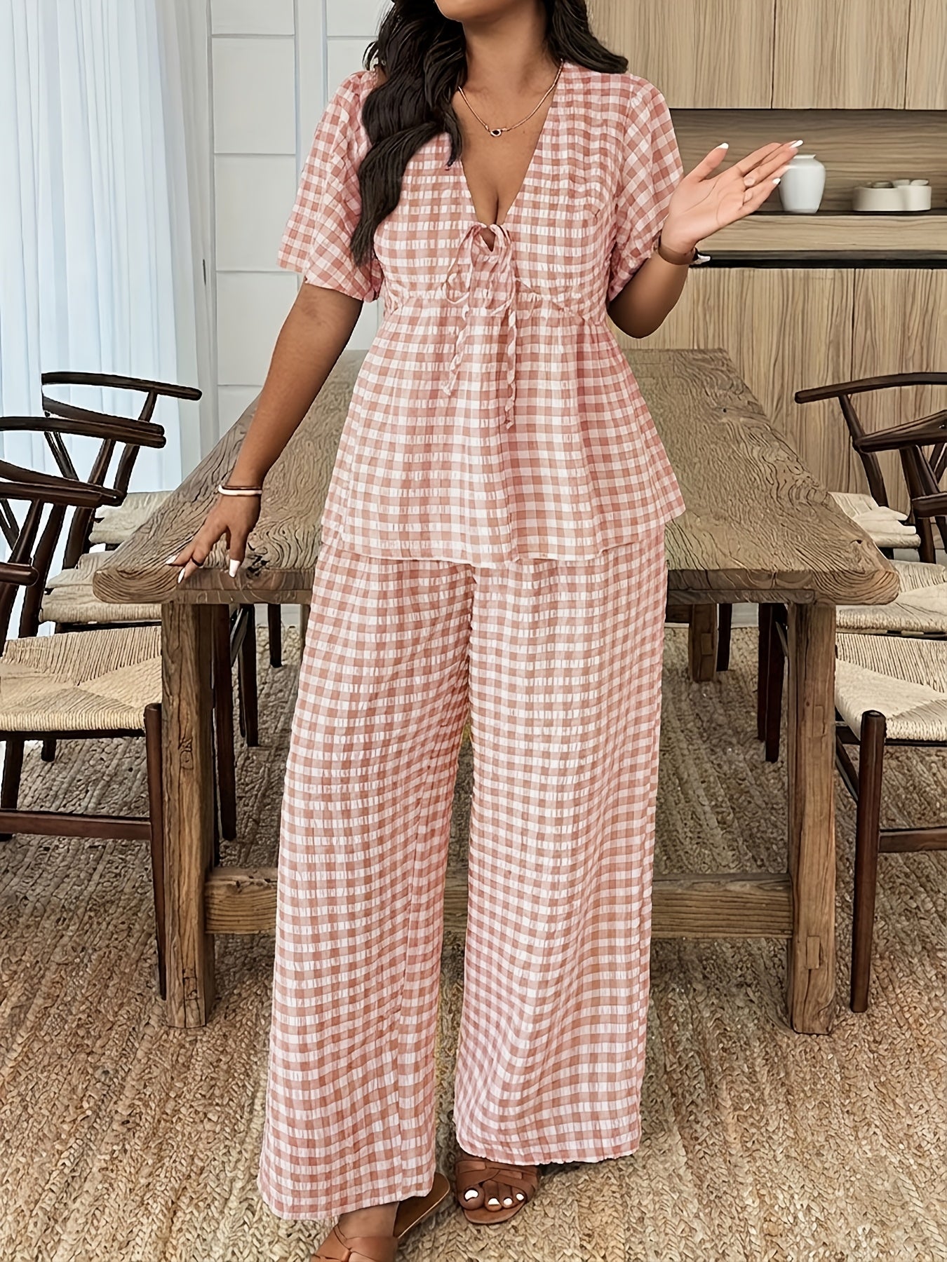 Damen Gingham Set mit Bluse und Weiter Hose