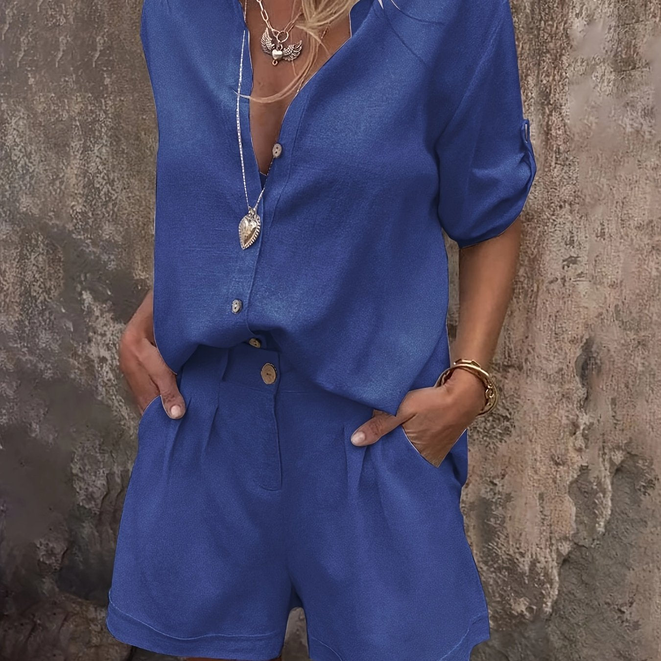 Damen Zweiteiliges Leinen-Set mit Oversize-Hemd und Shorts