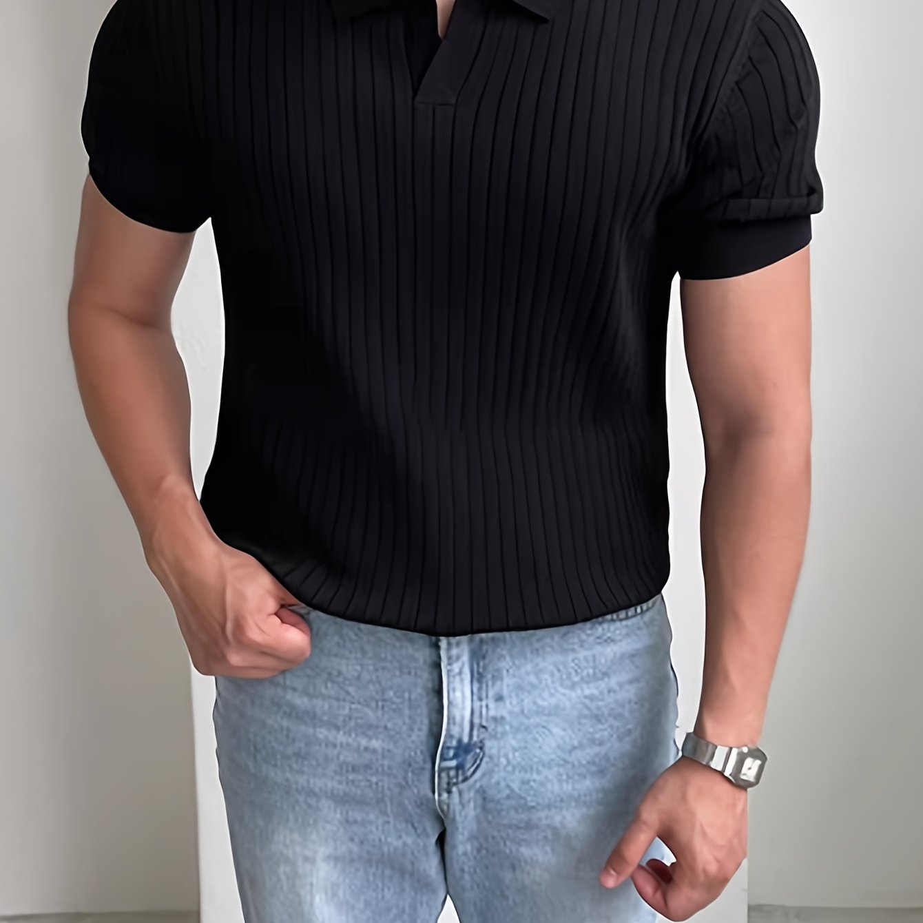 Herren Polo Shirt – Gestreift Struktur & Kurzarm Lässig
