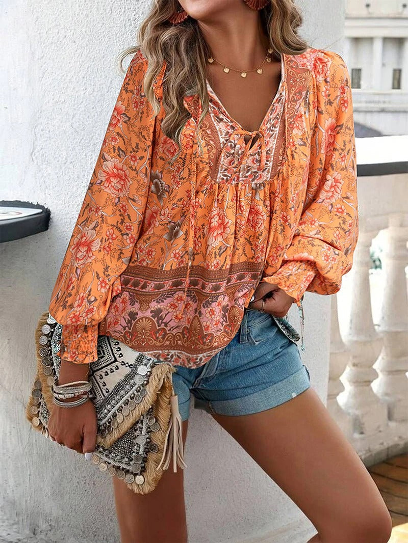 Marzena Damen Bluse – Floral Boho Langarm Elegant