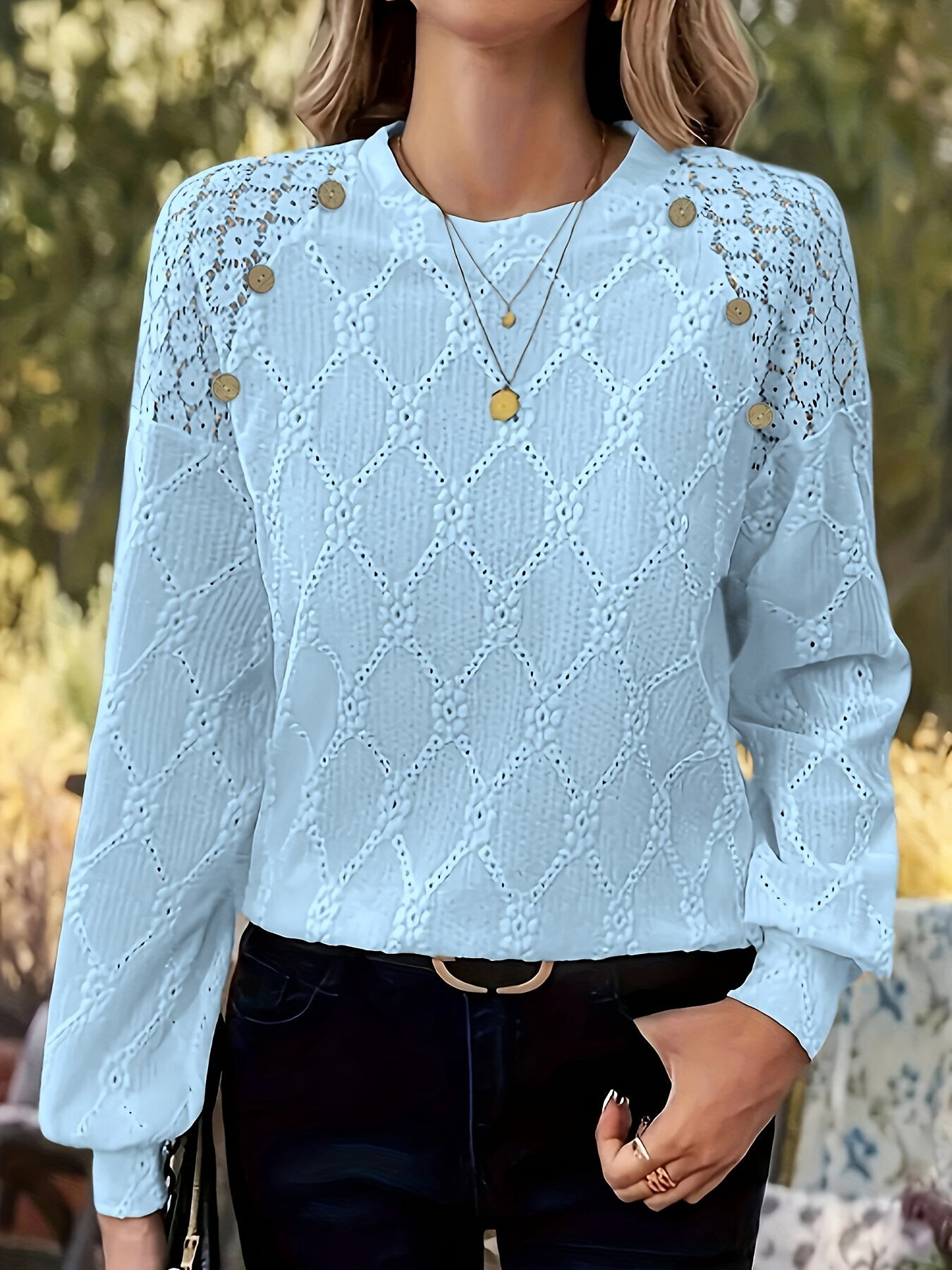 Damen T-Shirt – Jacquard Spitze & Rundhals Elegant