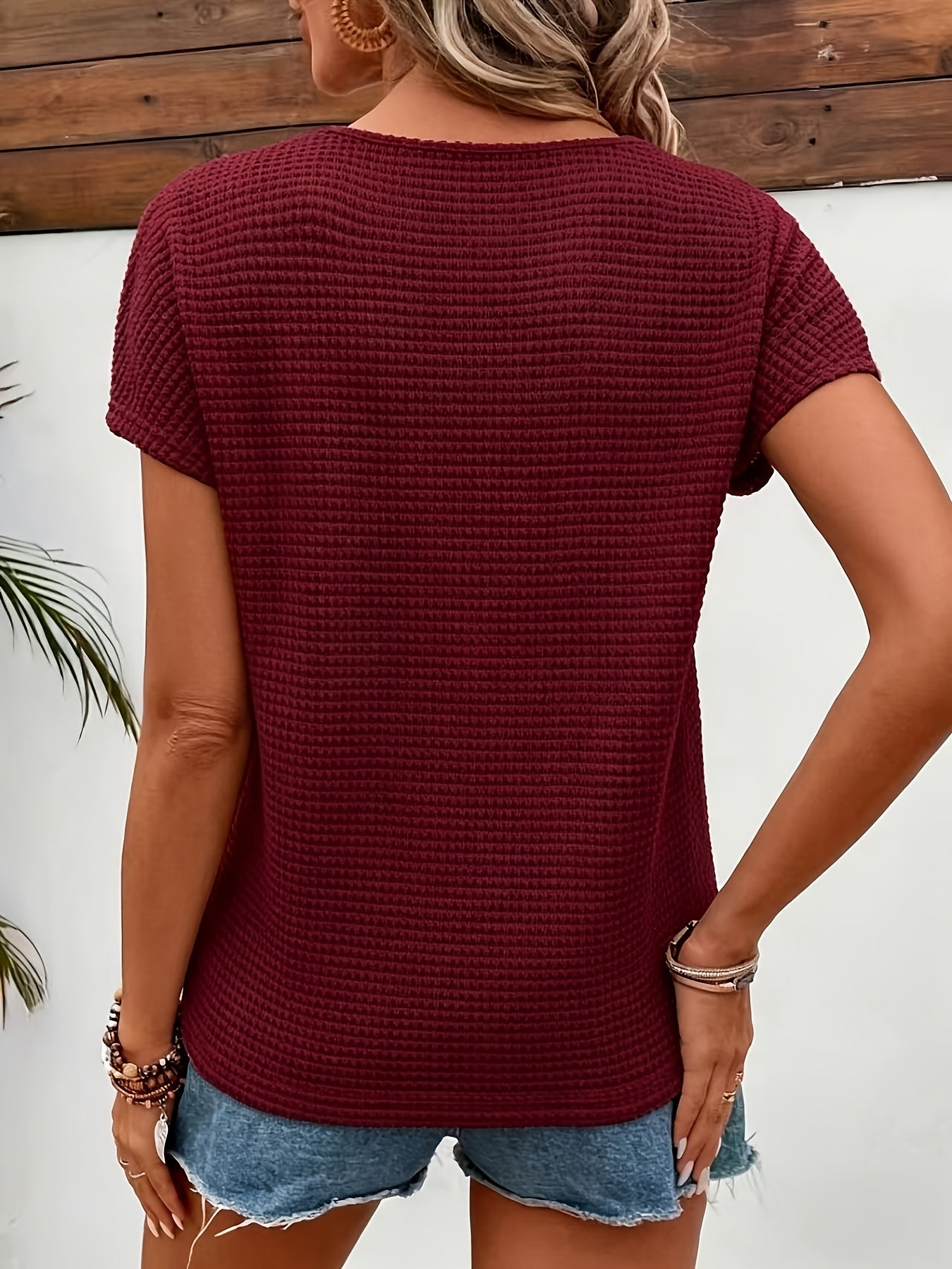 Damen T-Shirt – Spitze Off-Shoulder & Waffelstruktur Elegant