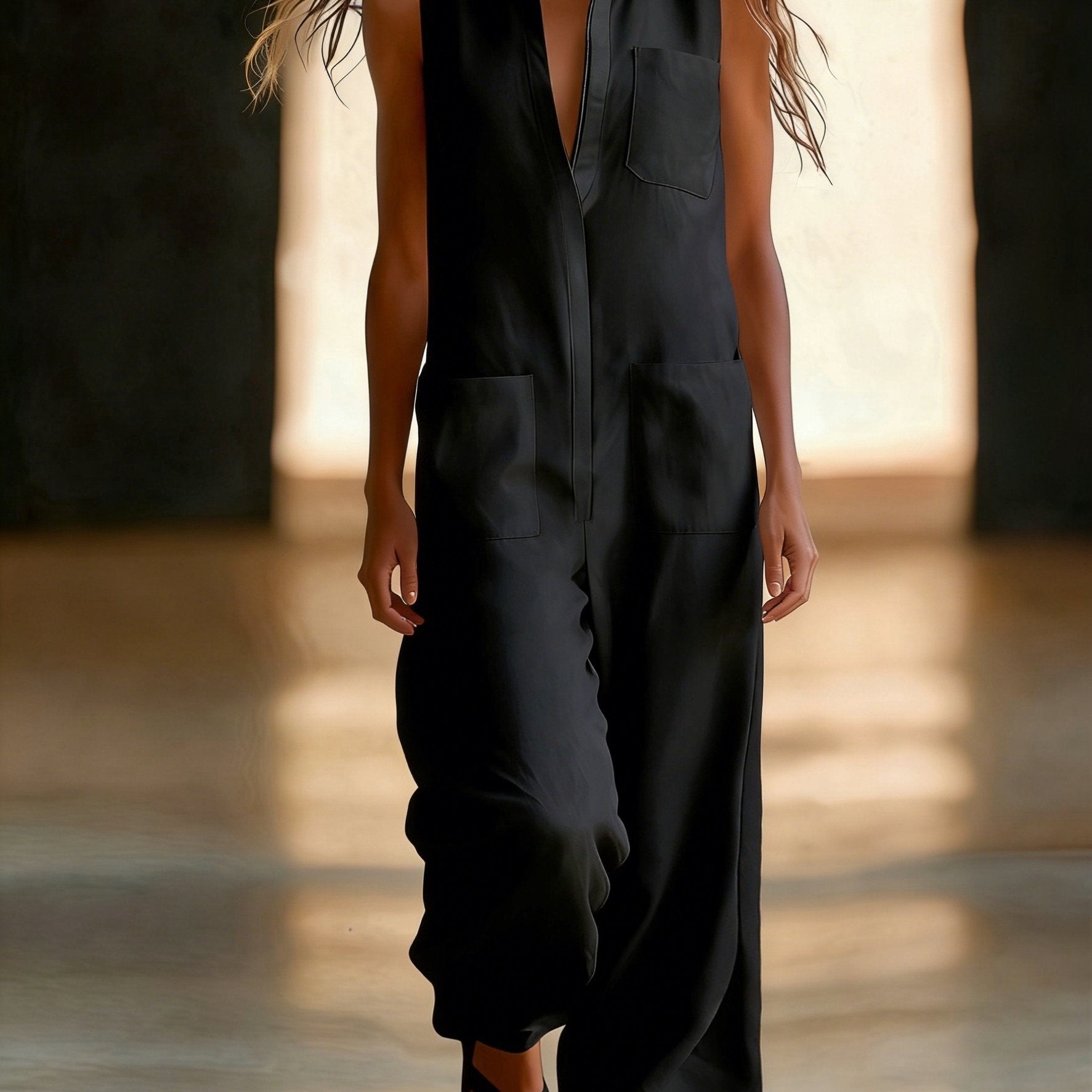 Damen Ärmelloser Wide-Leg Jumpsuit mit Taschen