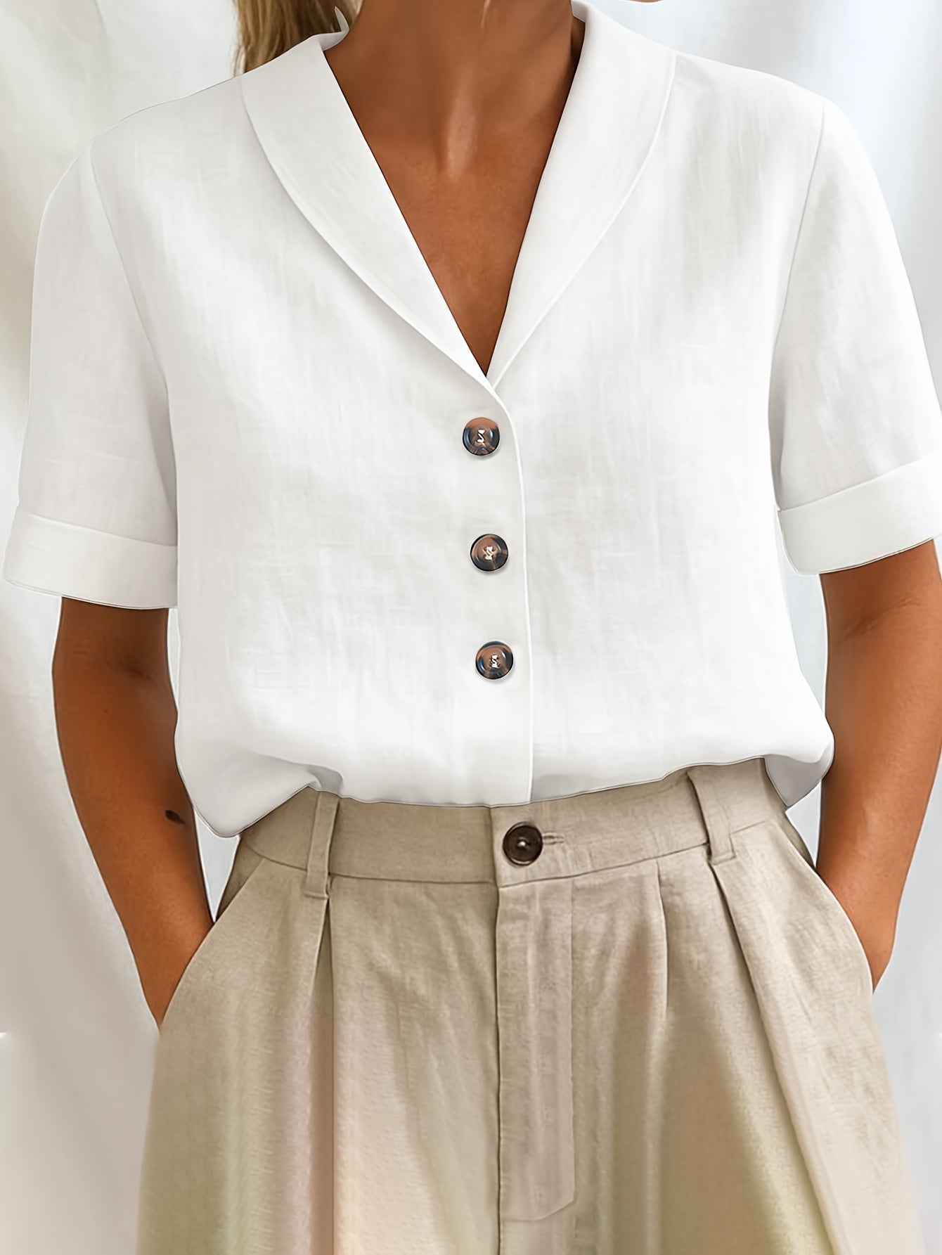 Damen Bluse – Locker & Reverskragen Kurzarm Einfarbig