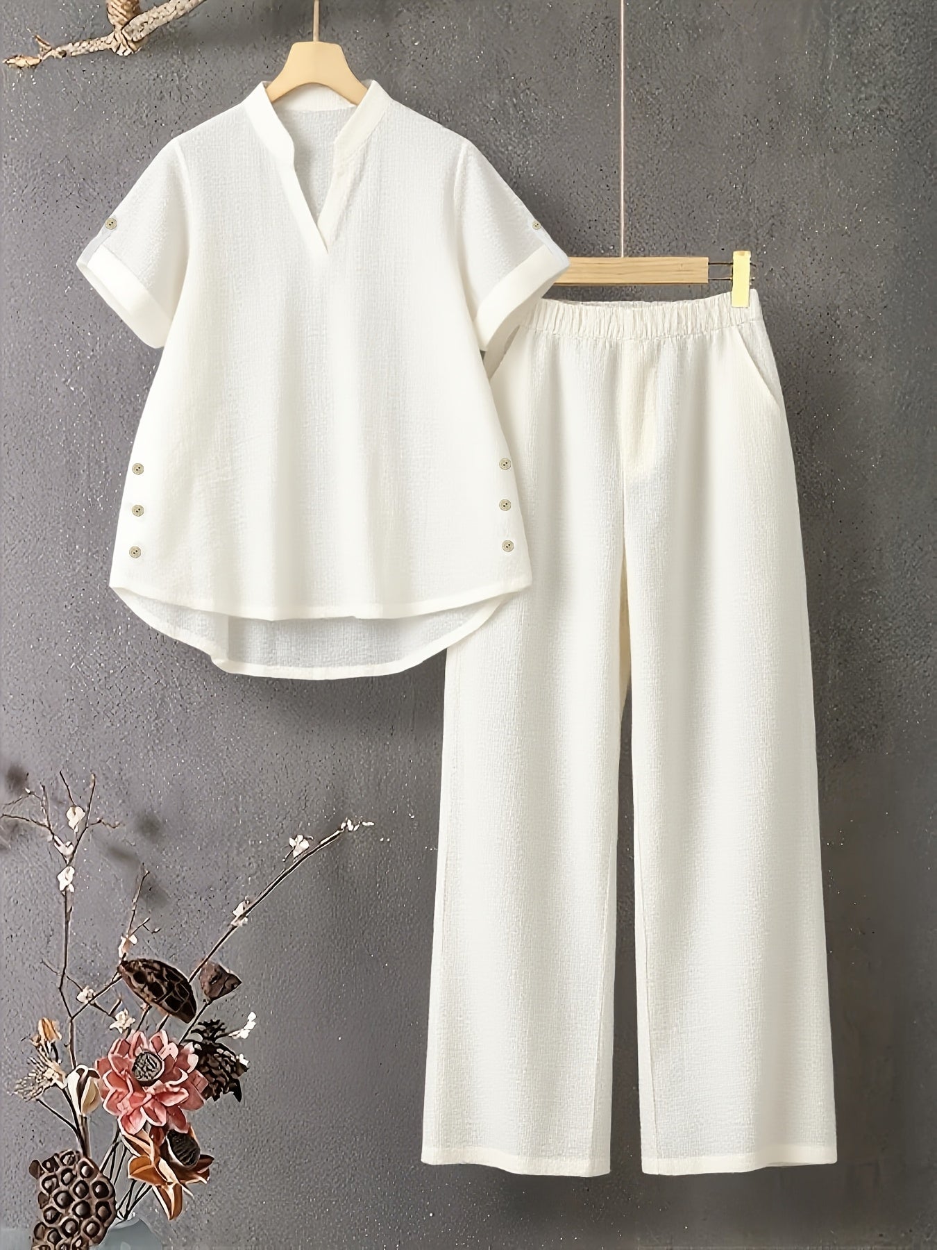 Damen Zweiteiler mit V-Ausschnitt Top und Elastischer Hose