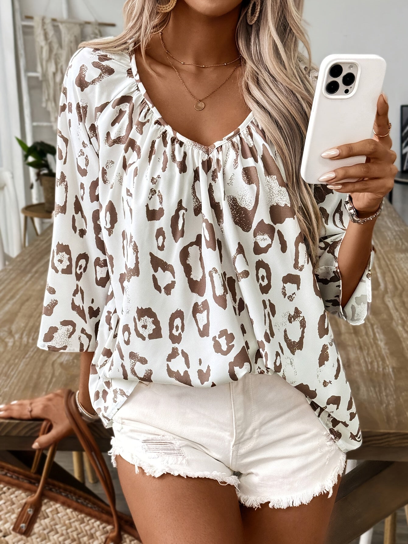 Damen Shirt – Leopard Print V-Ausschnitt 3/4 Ärmel