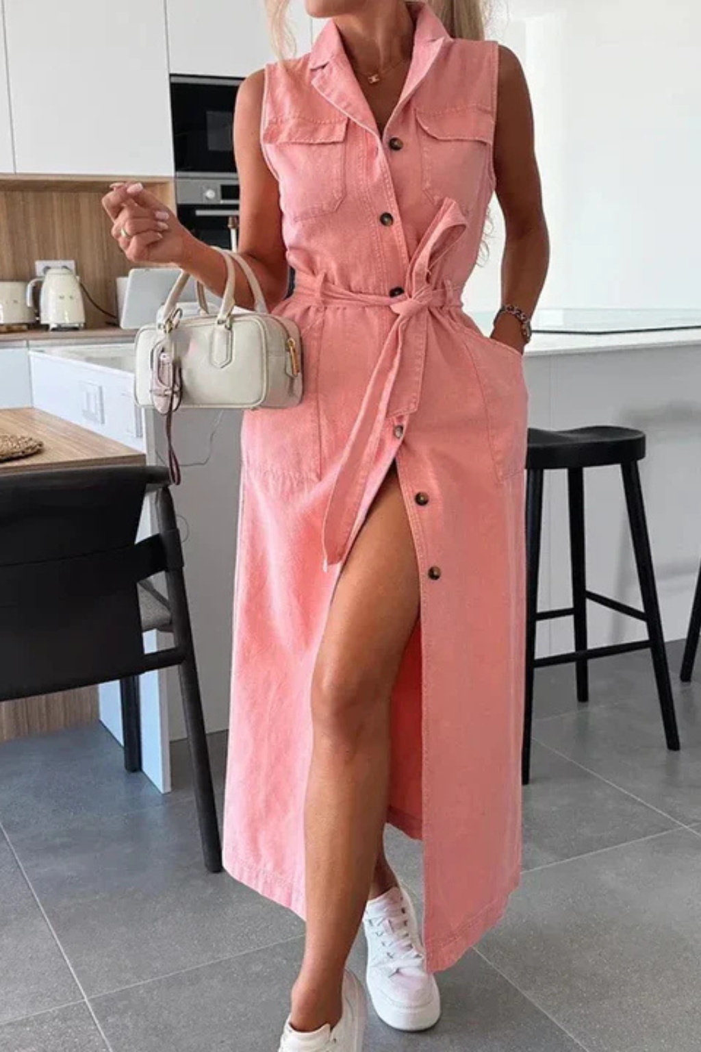 Lottie | Damen Denim Maxikleid – Ärmellos & Mit Gürtel Elegant