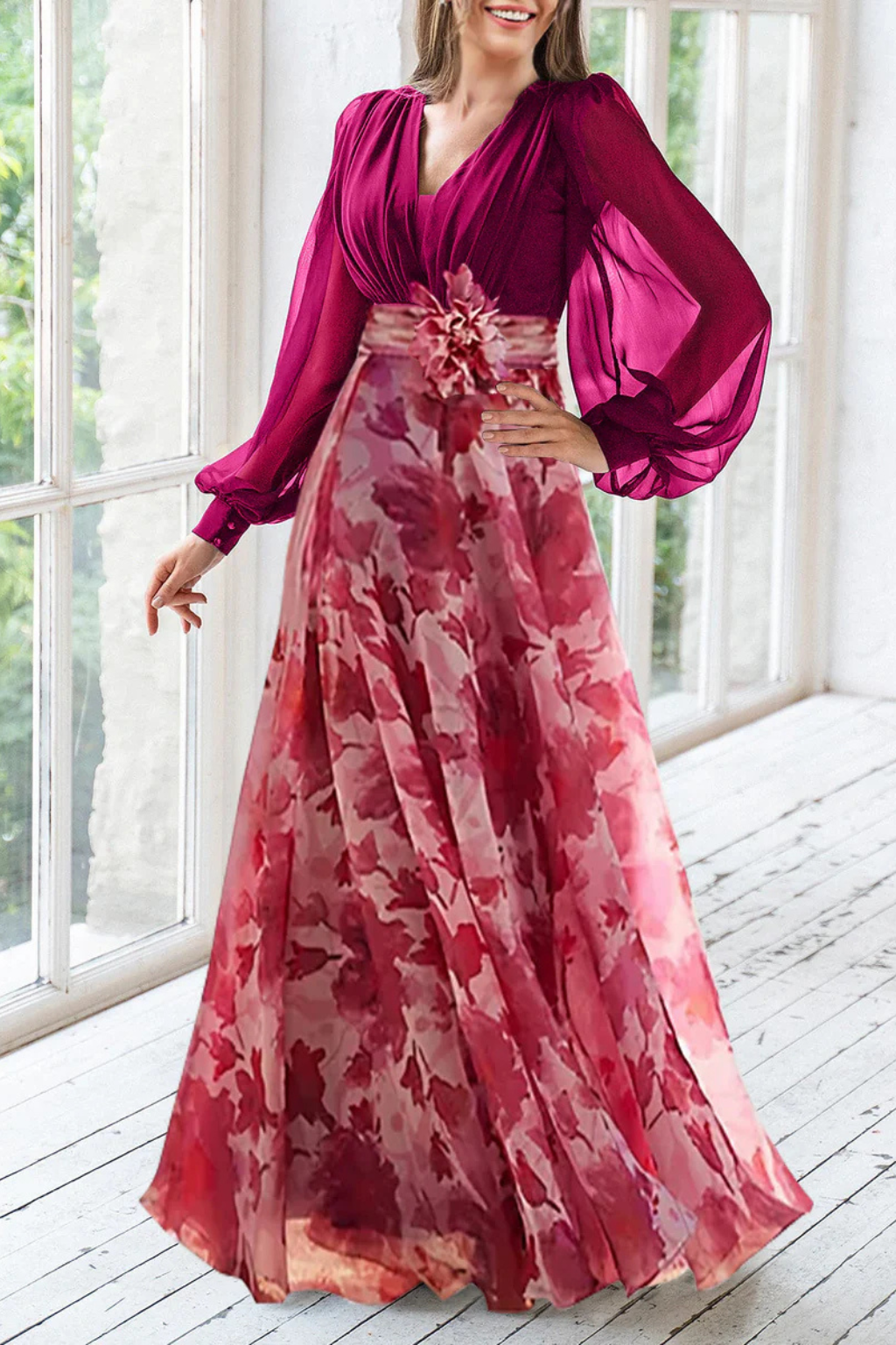 Valentina Damen Maxikleid – V-Ausschnitt & Ballonärmel Floral Elegant