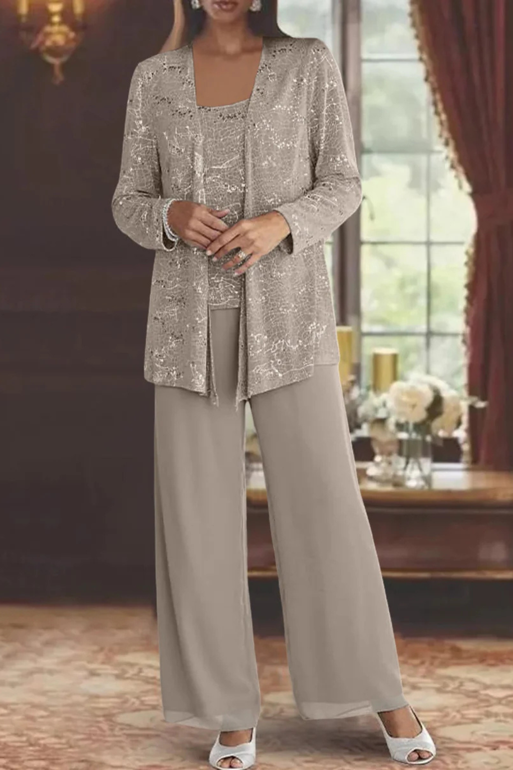 Miriam | Women Sequin Lace Jacket Three Piece Wide Leg Wedding Guest Trouser Suit