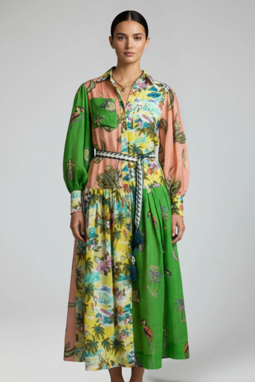 Thea Damen Maxikleid – V-Ausschnitt & Print mit Stufenrock Elegant