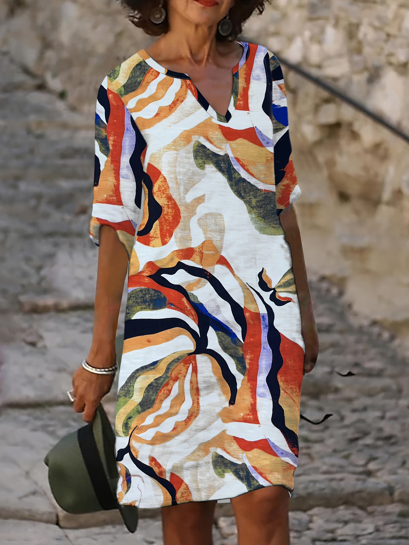 Damen Casual Kleid mit V-Ausschnitt und Blumenprint
