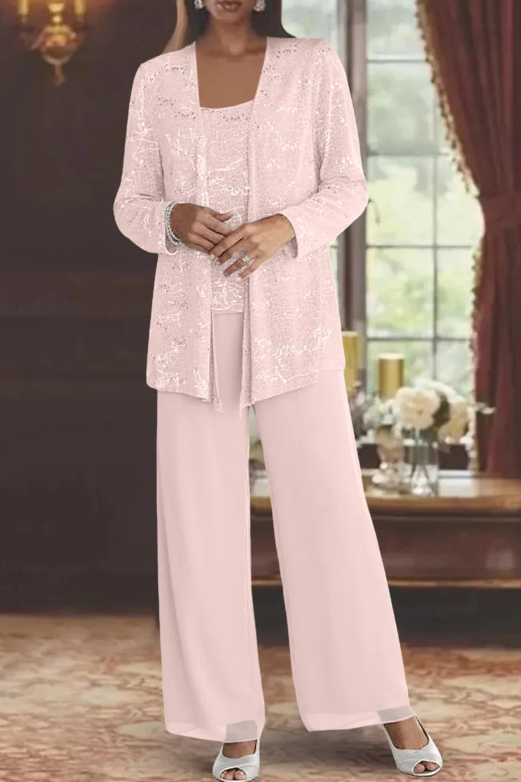 Miriam | Women Sequin Lace Jacket Three Piece Wide Leg Wedding Guest Trouser Suit