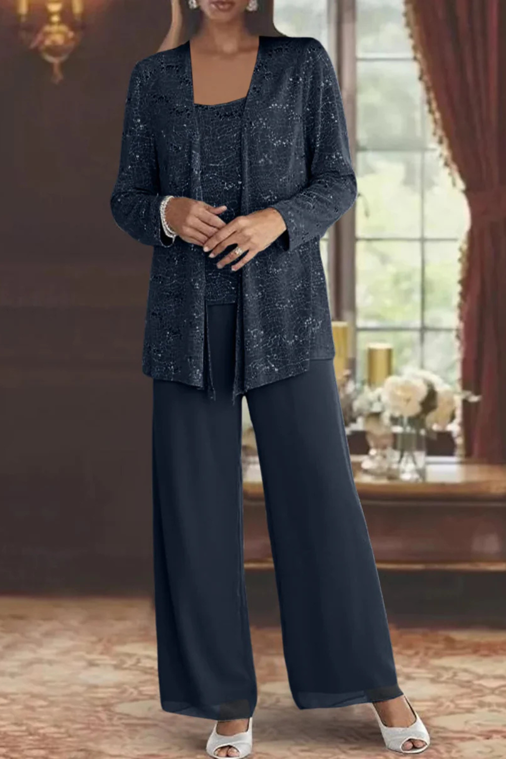 Miriam | Women Sequin Lace Jacket Three Piece Wide Leg Wedding Guest Trouser Suit