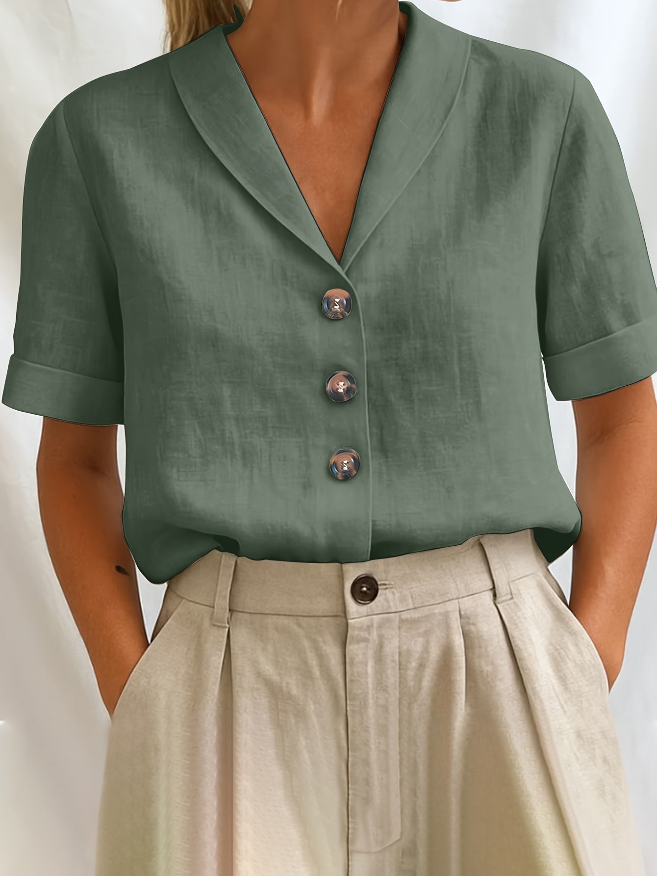 Damen Bluse – Locker & Reverskragen Kurzarm Einfarbig