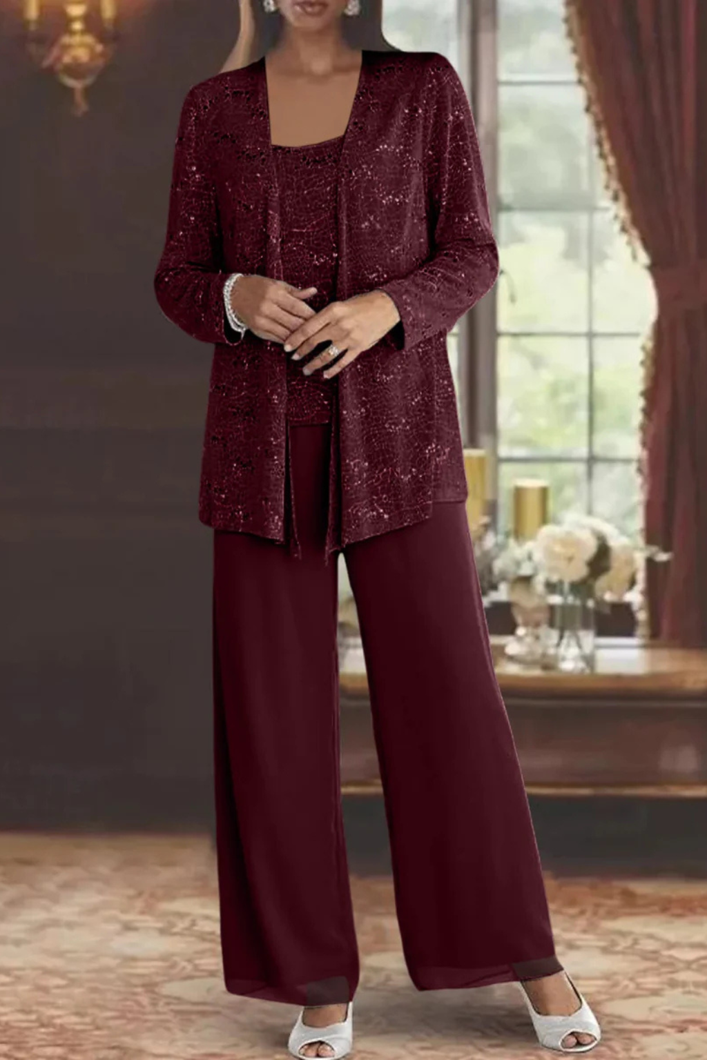 Miriam | Women Sequin Lace Jacket Three Piece Wide Leg Wedding Guest Trouser Suit