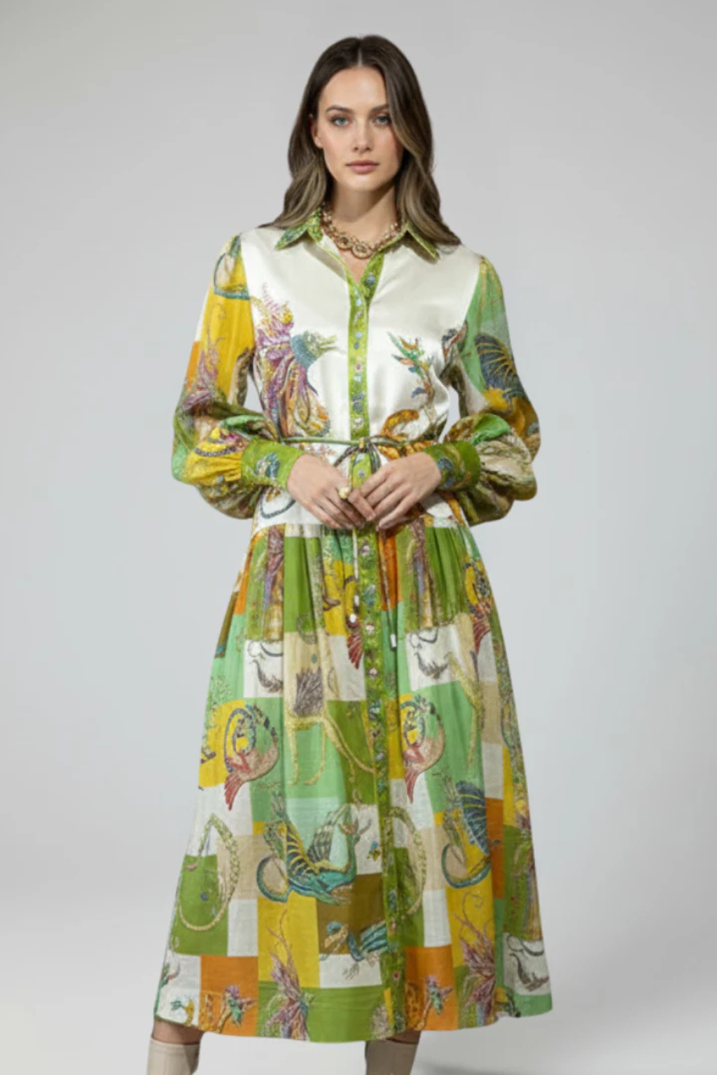 Thea Damen Maxikleid – V-Ausschnitt & Print mit Stufenrock Elegant