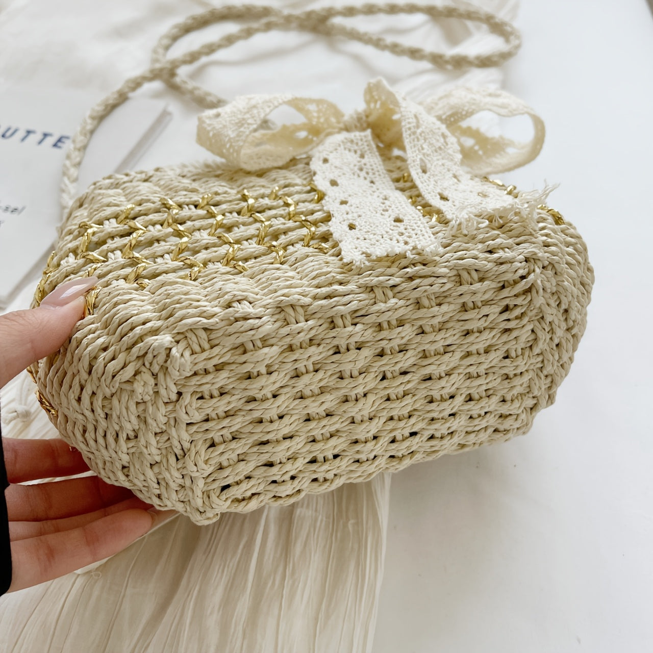 Kaqise™ | Damen Stroh Crossbody Bag mit Schleife & Kette