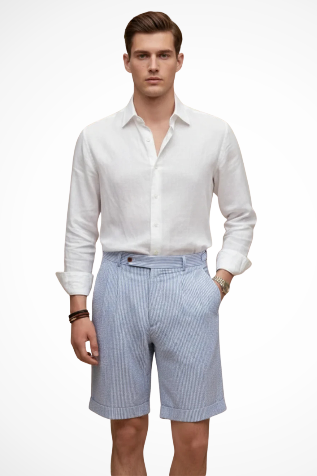 Scott Herren Chino Shorts – High Waist & Seersucker Streifen mit Umschlag