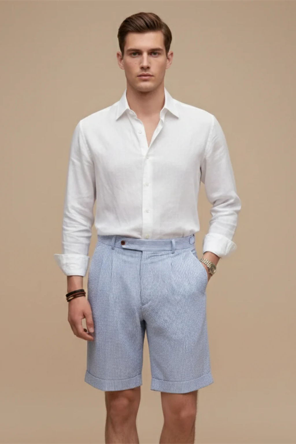 Scott Herren Chino Shorts – High Waist & Seersucker Streifen mit Umschlag