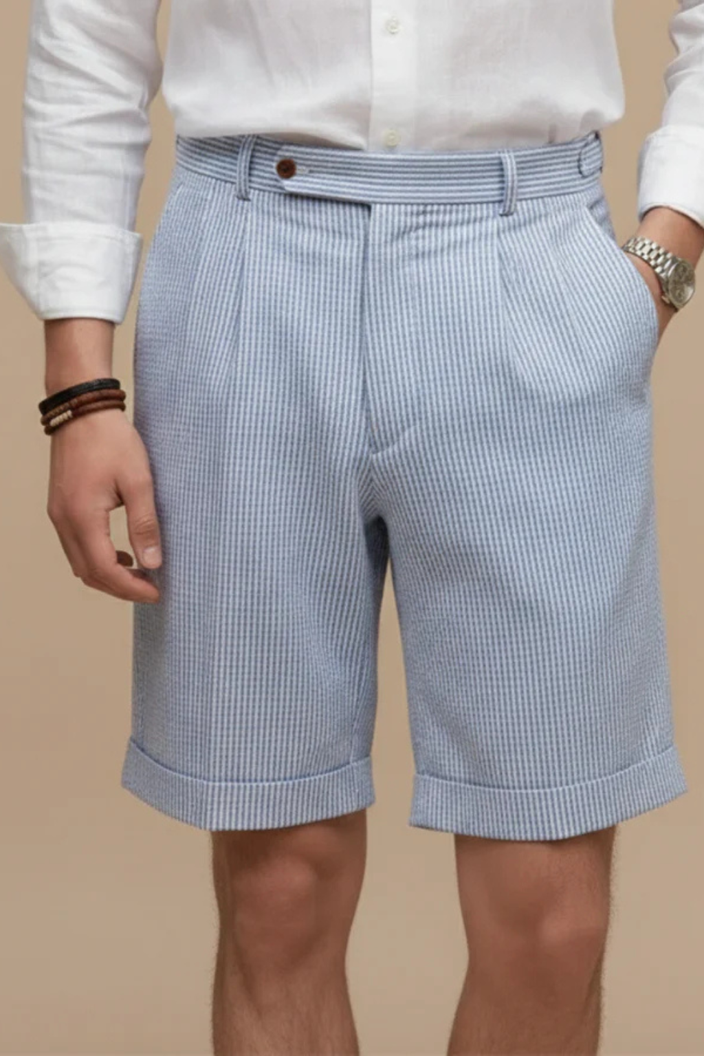 Scott Herren Chino Shorts – High Waist & Seersucker Streifen mit Umschlag