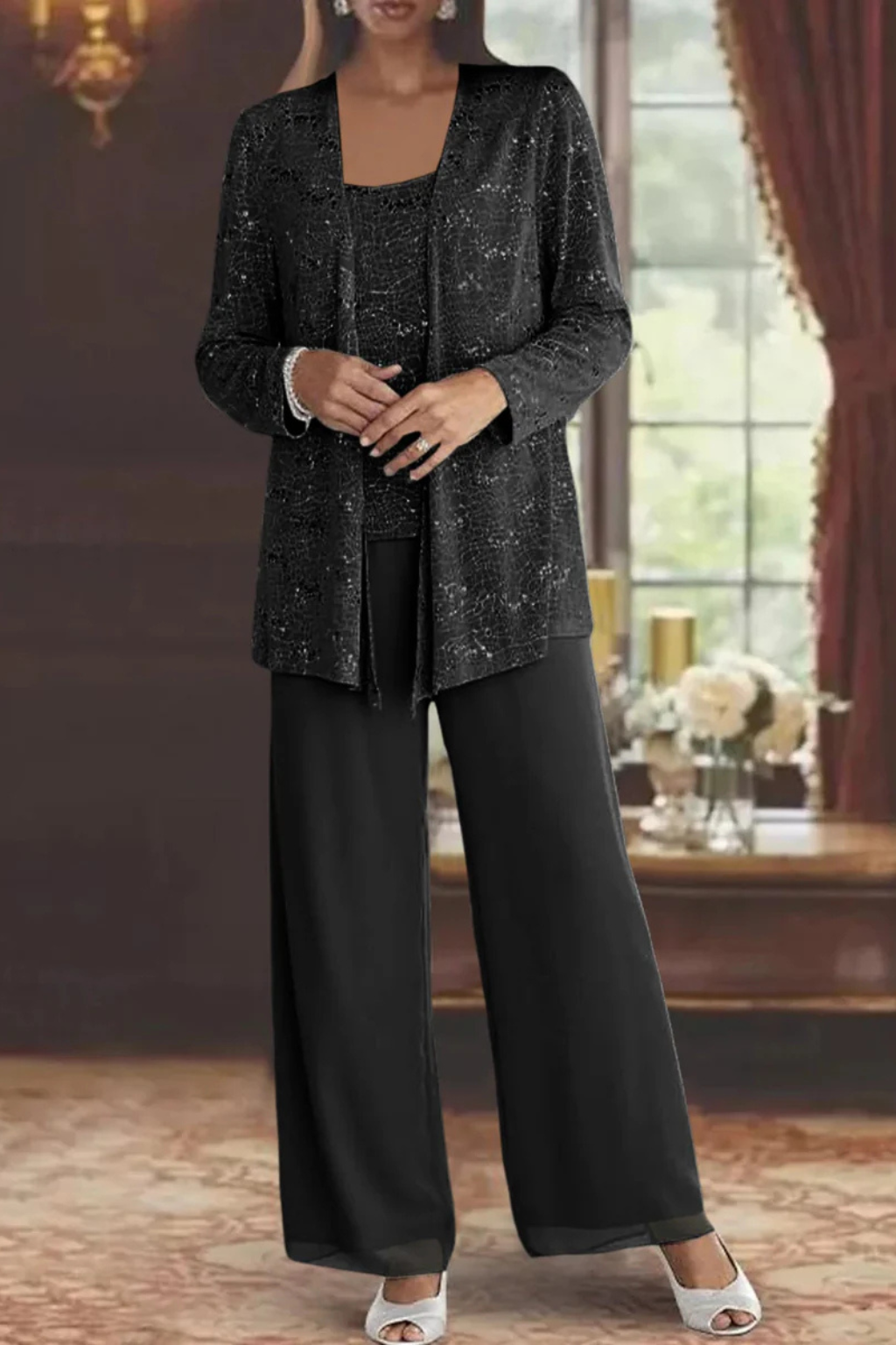 Miriam | Women Sequin Lace Jacket Three Piece Wide Leg Wedding Guest Trouser Suit