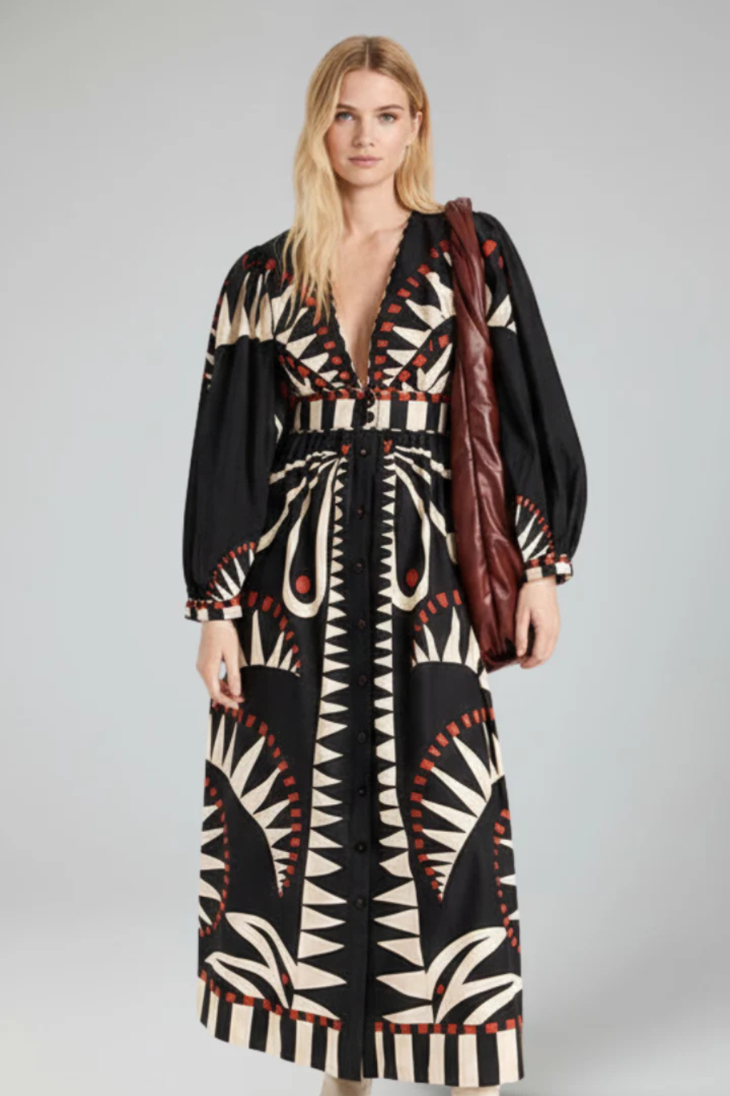 Thea Damen Maxikleid – V-Ausschnitt & Print mit Stufenrock Elegant