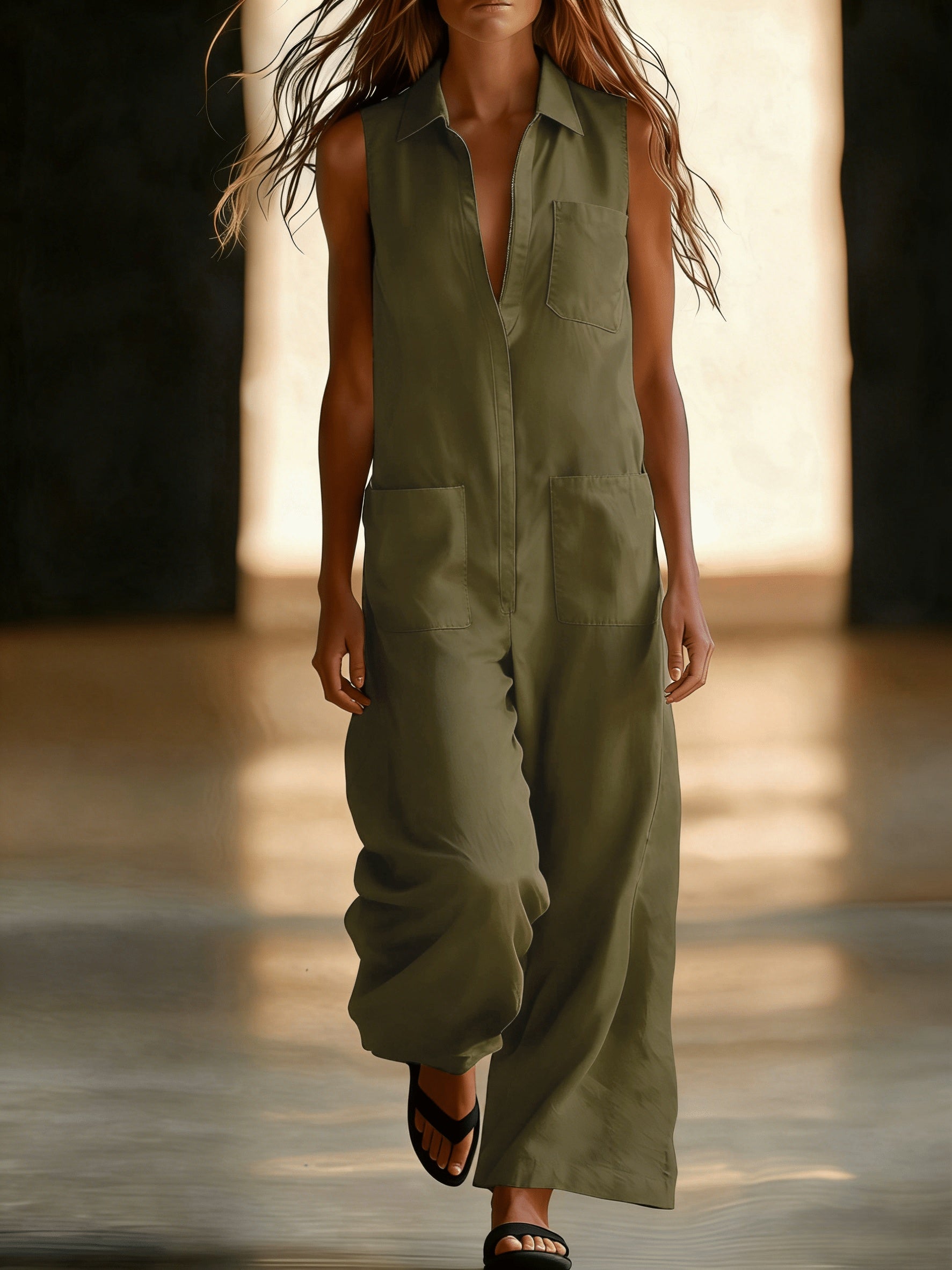 Damen Ärmelloser Wide-Leg Jumpsuit mit Taschen