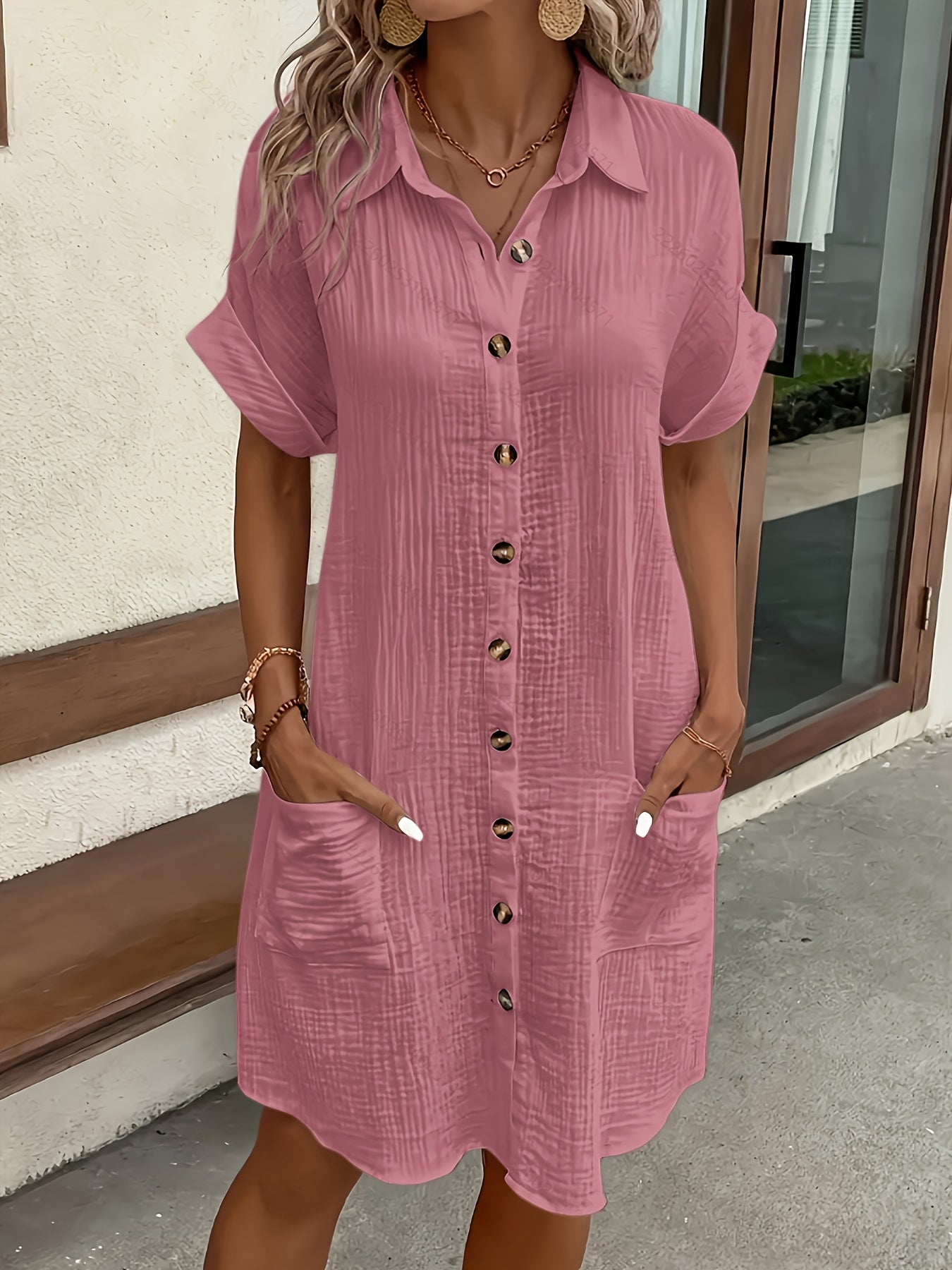 Damen Hemdblusenkleid – Einfarbig mit Reverskragen Vintage