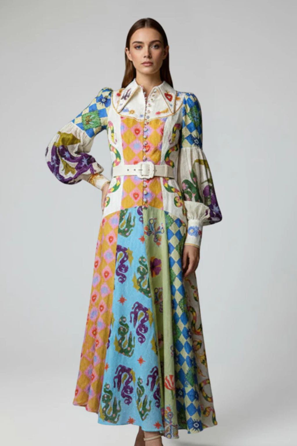Thea Damen Maxikleid – V-Ausschnitt & Print mit Stufenrock Elegant