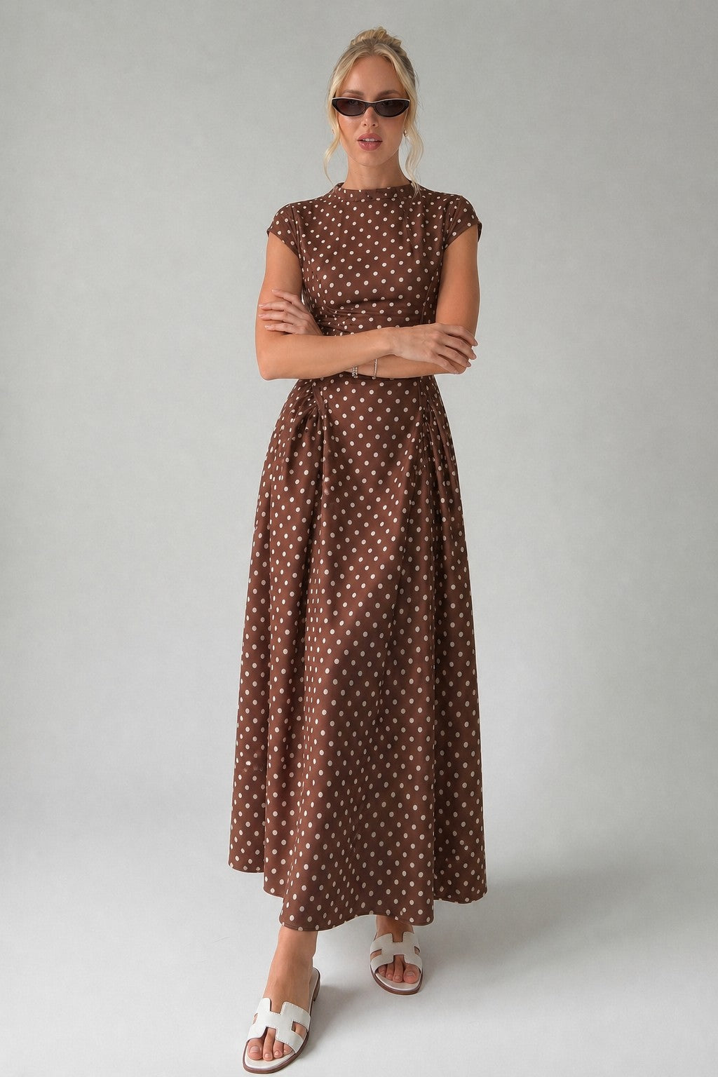 Damen Midi Kleid – Gepunktet Vintage & Gerafft