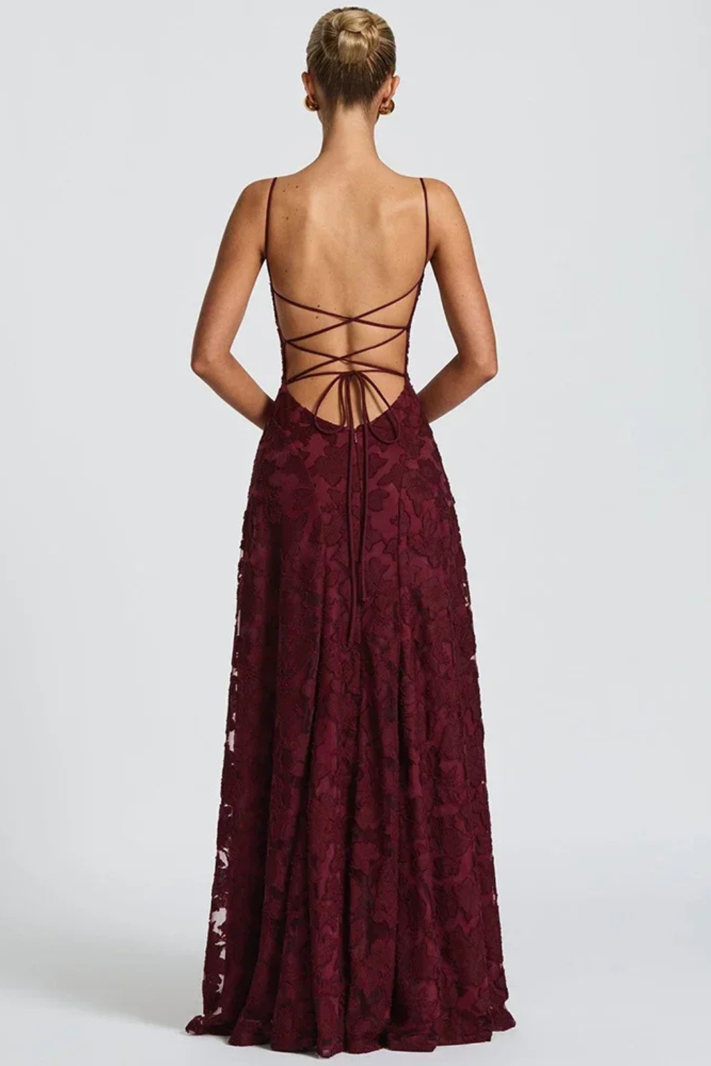 Rose Damen Maxikleid – Spaghettiträger & Rückenfrei mit Schnürung Floral Elegant