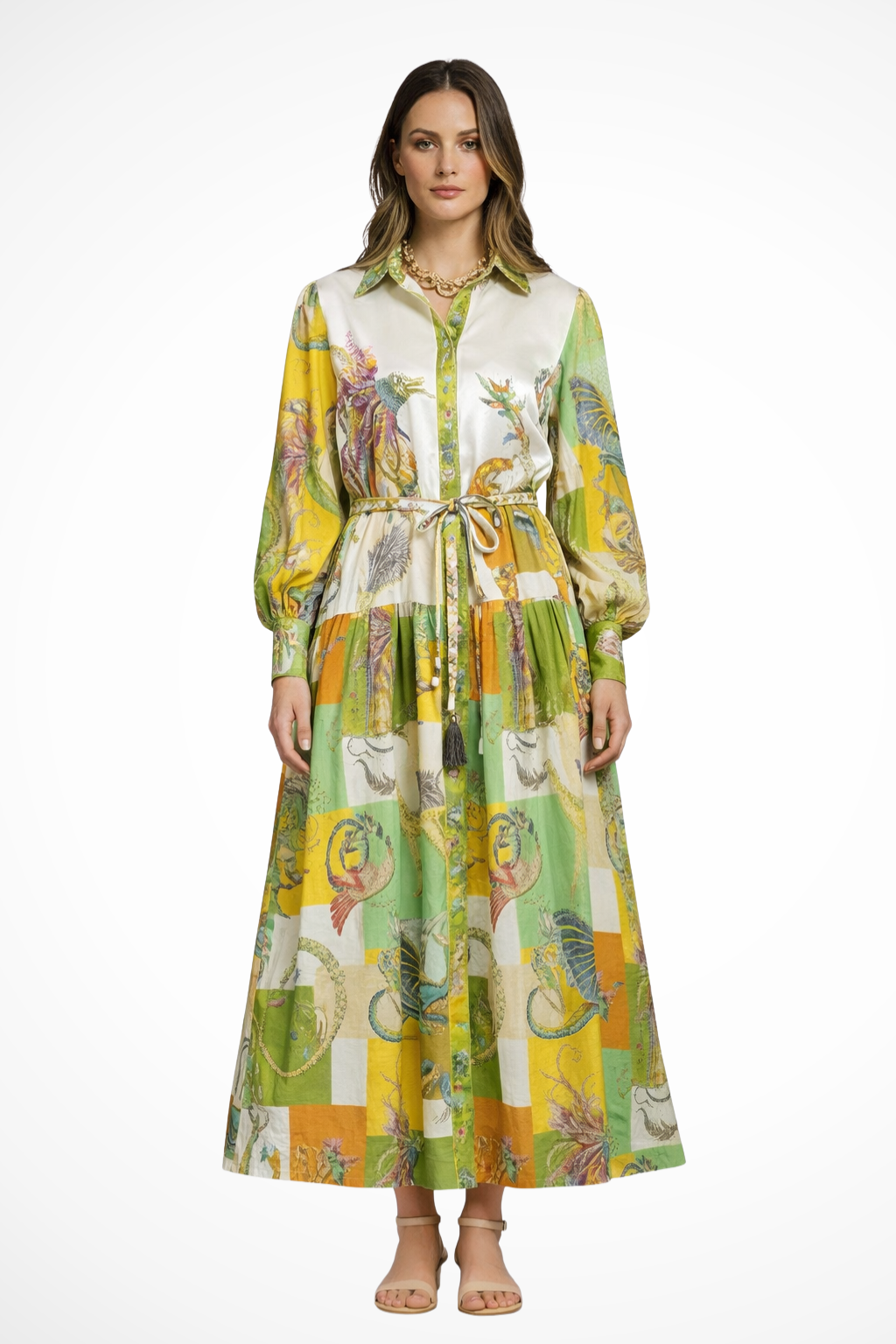 Thea Damen Maxikleid – V-Ausschnitt & Print mit Stufenrock Elegant