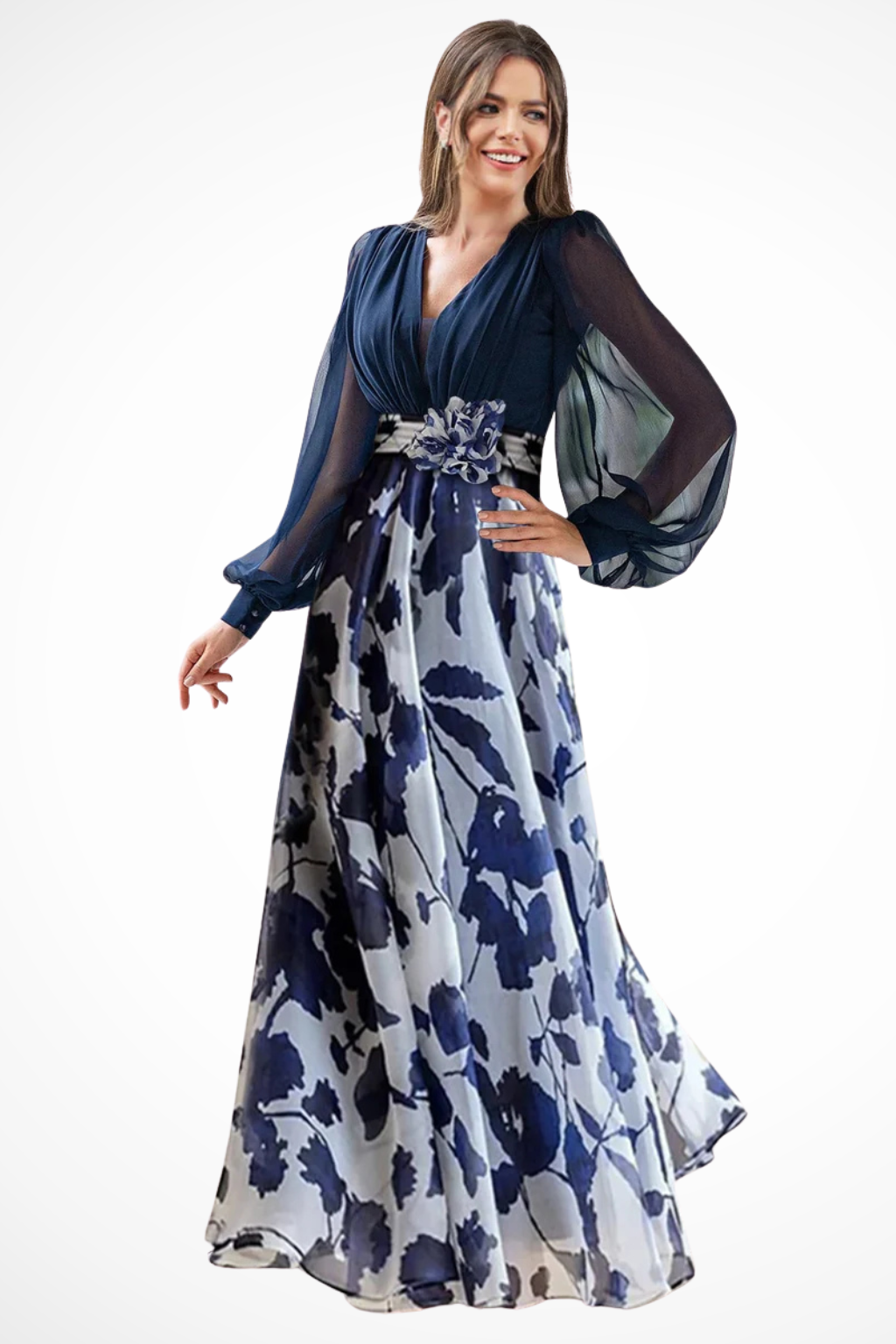 Valentina Damen Maxikleid – V-Ausschnitt & Ballonärmel Floral Elegant
