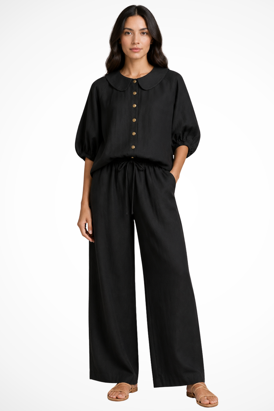 Cordelia Damen Leinen Set – Bluse mit Peter-Pan-Kragen & Weite Hose