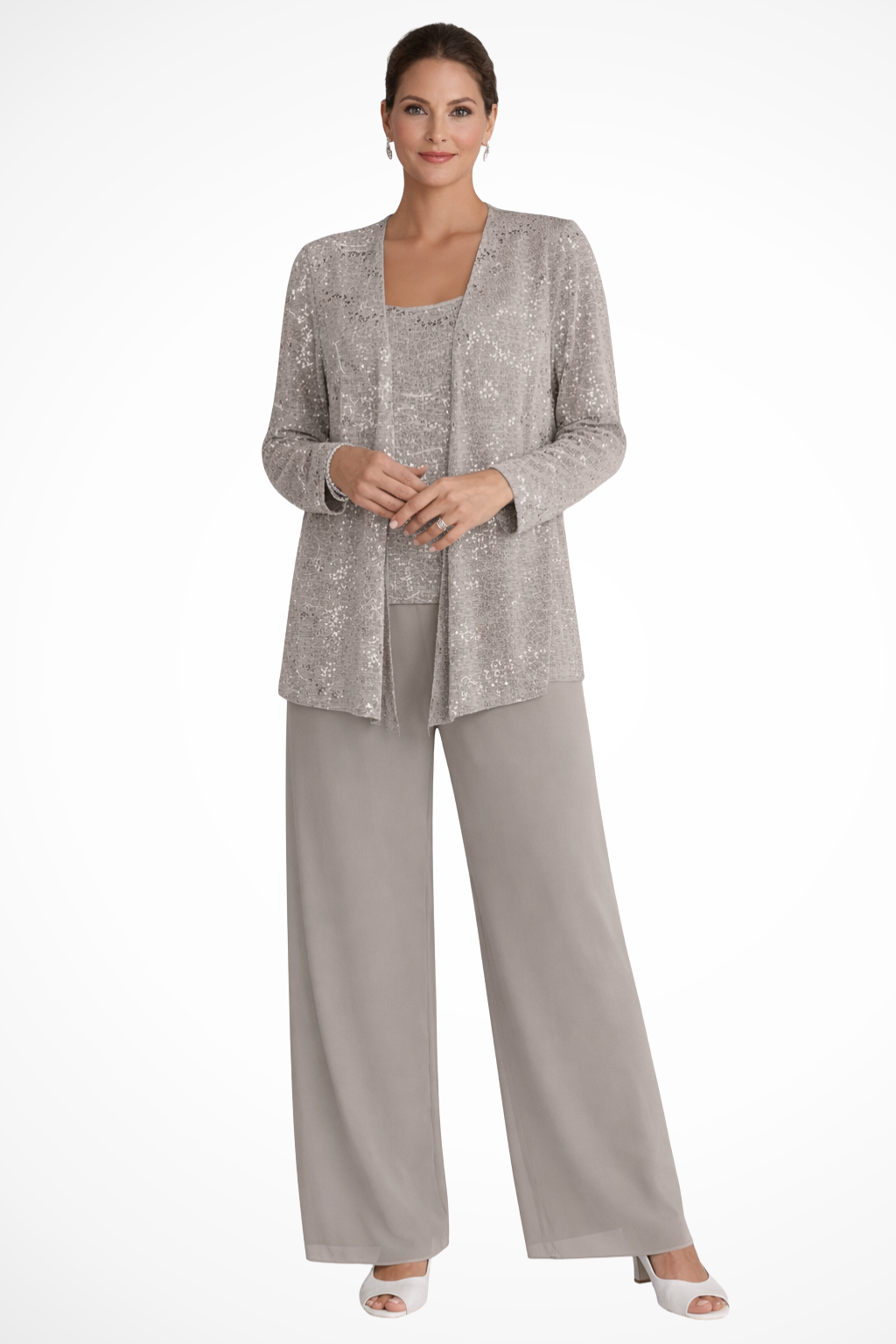 Miriam | Women Sequin Lace Jacket Three Piece Wide Leg Wedding Guest Trouser Suit