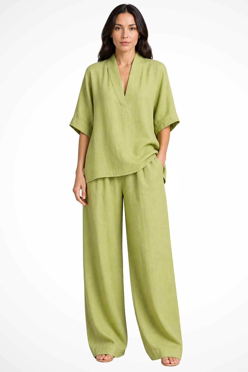 Rosalind Damen Leinen Set – V-Ausschnitt Top & Weite Hose