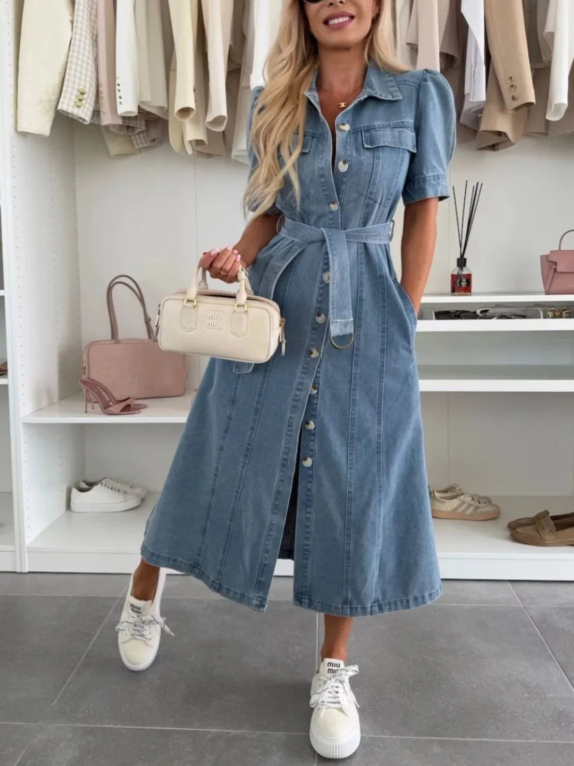 Anna | Damen Maxi-Jeanskleid mit Ärmeln
