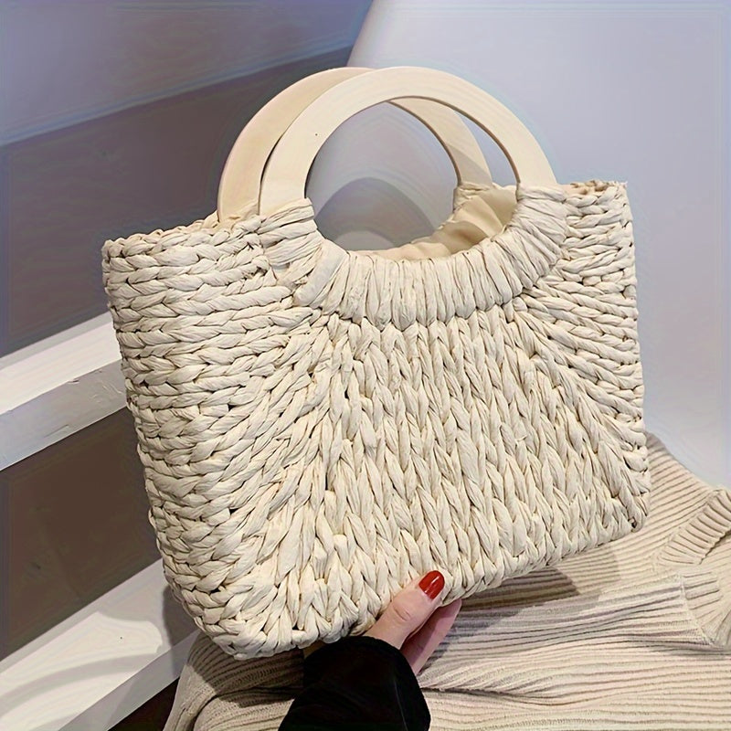 Kaqise™ | Handgefertigte Damen Strohtasche mit Holzgriff