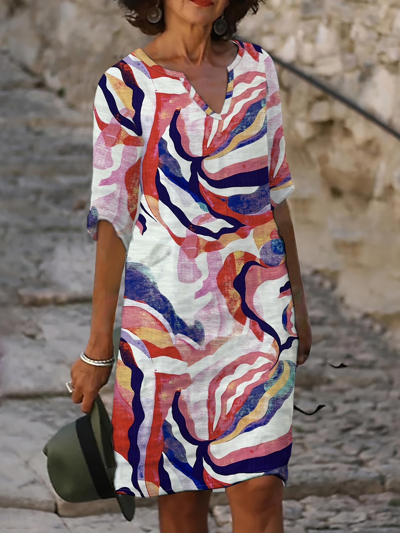 Damen Casual Kleid mit V-Ausschnitt und Blumenprint