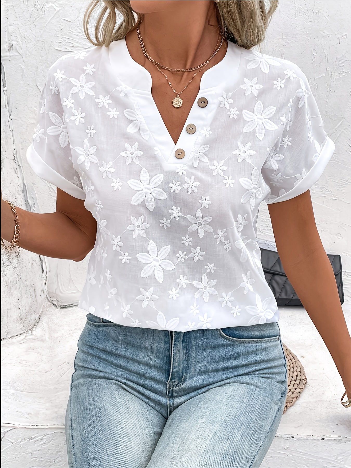 Damen Bluse – Floraler Print V-Ausschnitt Sommerlich