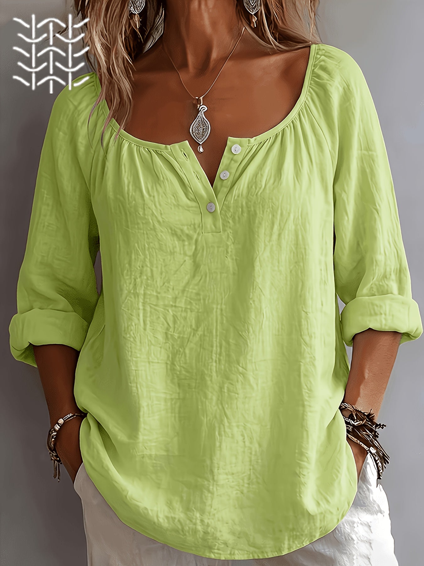 Damen Bluse – Leinenoptik & Eckiger Ausschnitt Locker Elegant