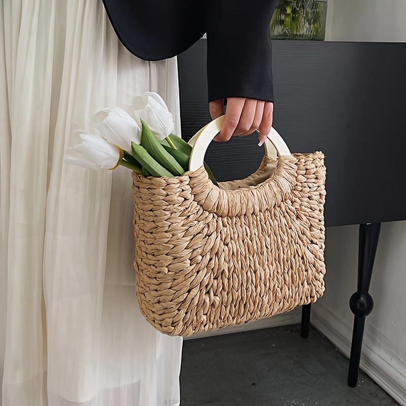 Kaqise™ | Handgefertigte Damen Strohtasche mit Holzgriff