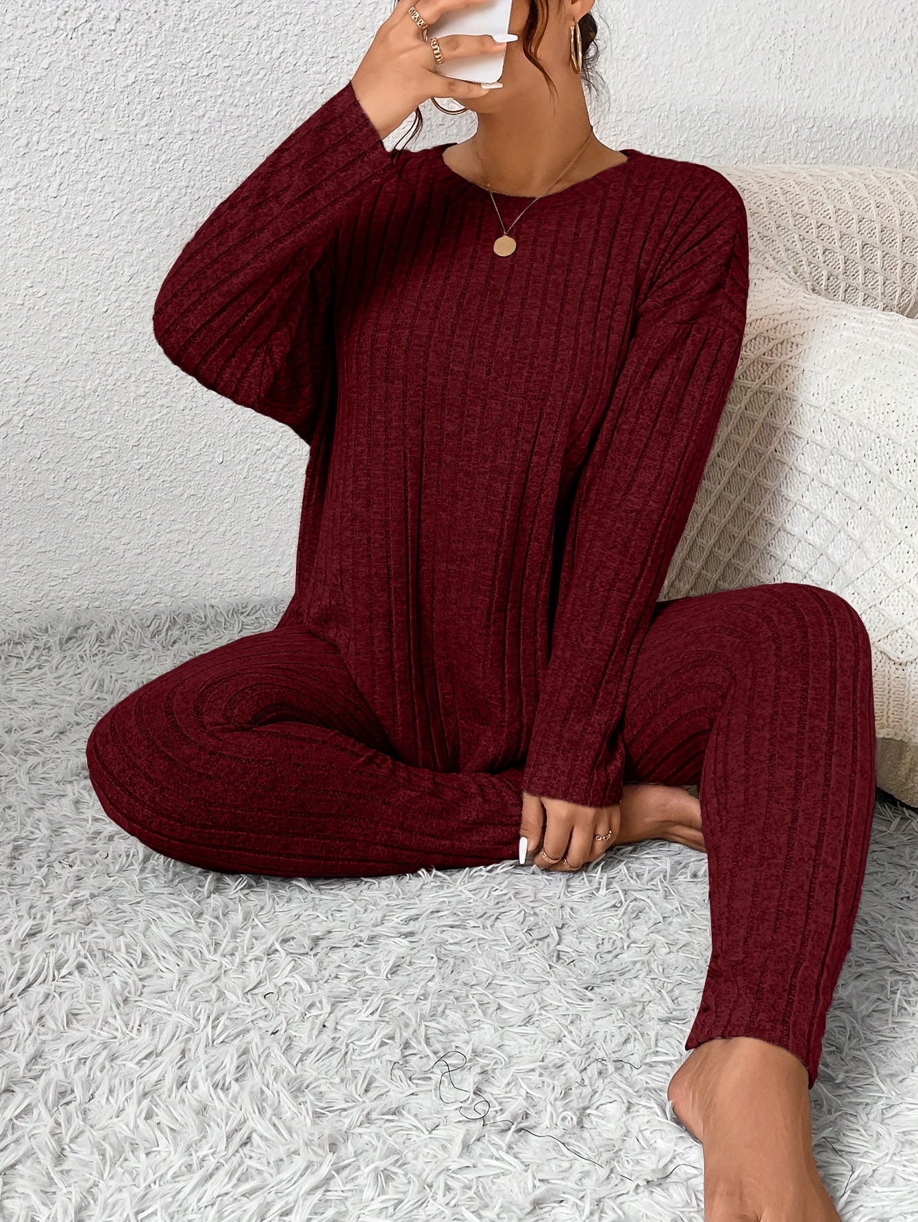Damen Pyjama-Set in Großen Größen mit Langarm-Oberteil und Hose