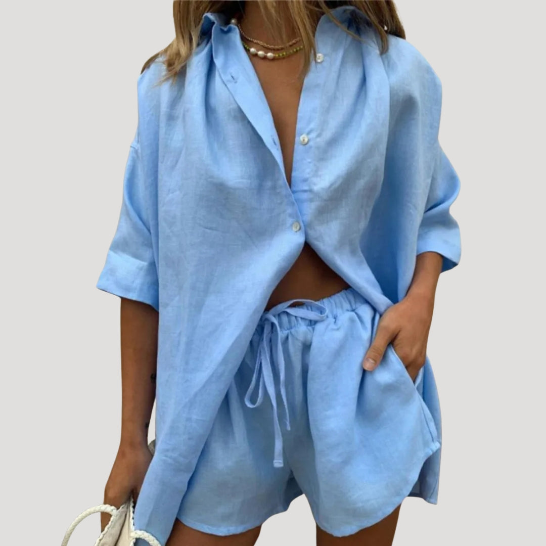 Damen Leinen Set – Oversize Hemd & Shorts Sommer