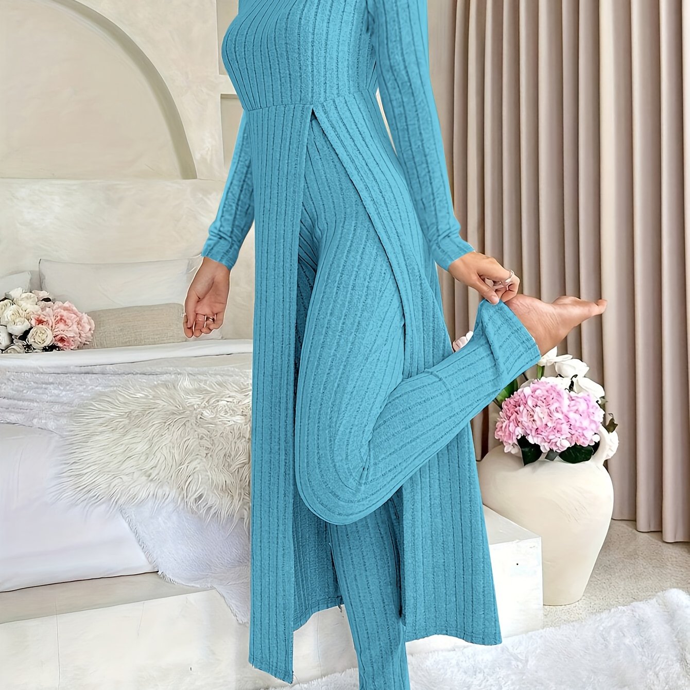 Damen Zweiteiliges Rippstrick-Set mit Langarm-Top und Hose