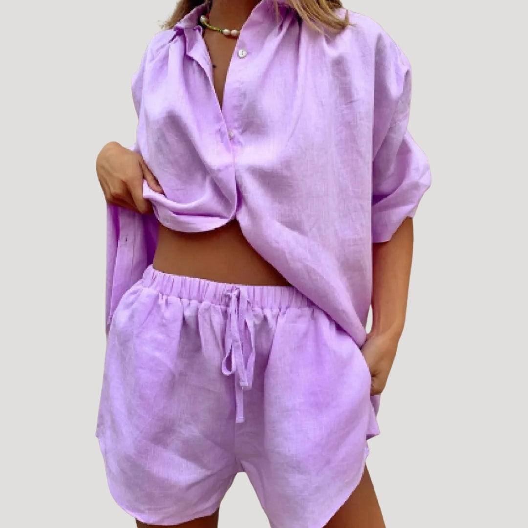 Damen Leinen Set – Oversize Hemd & Shorts Sommer
